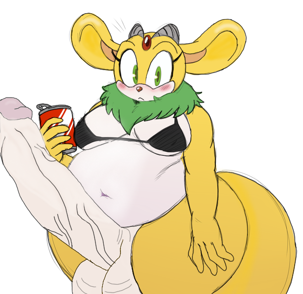 anthro balls belly big_balls big_belly big_ears big_penis bikini_top blush blushing_at_viewer breasts chinchilla chubby chubby_futanari cyborg cyborg_(lore) edited edited_image futanari green_fur holding_object holding_soda low_quality low_quality_edit mobian_(species) penis soda_can sonic_(series) sonic_the_hedgehog_(comics) sonic_the_hedgehog_(series) sssonic2 staring_at_viewer surprised surprised_expression tail thick_thighs thunderbolt_the_chinchilla vein veins veiny_penis