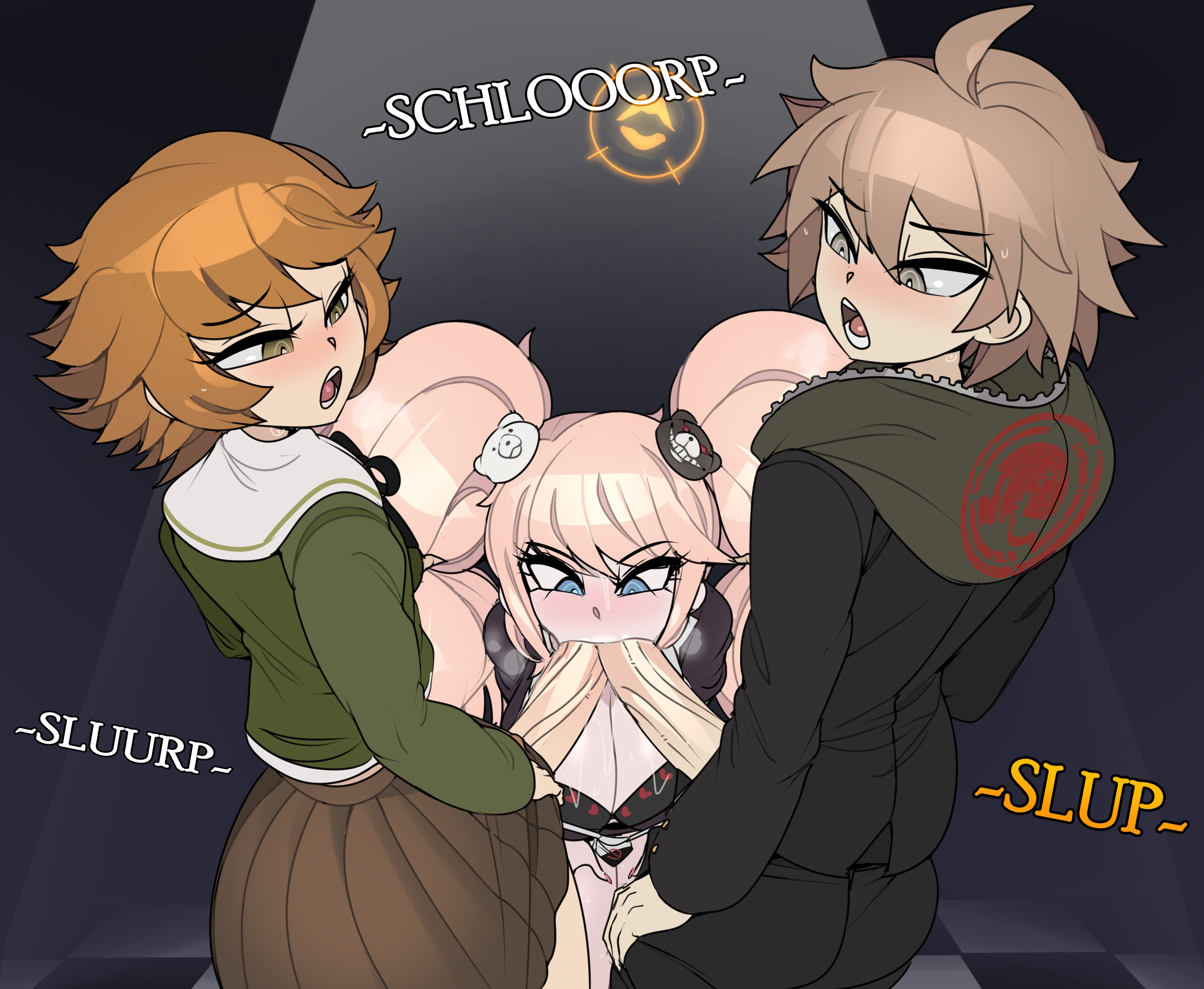 1girls, 2025, 2boys, big breasts, big penis, bisexual, bisexual male, blonde hair, blowjob, breasts, brown hair, captain kirb, danganronpa, danganronpa: trigger happy havoc, double barrel fellatio, fellatio, female, femboy, femboy on female, fujisaki chihiro, junko enoshima, male, male/male/female, naegi makoto, penis, skirt, threesome, twintails