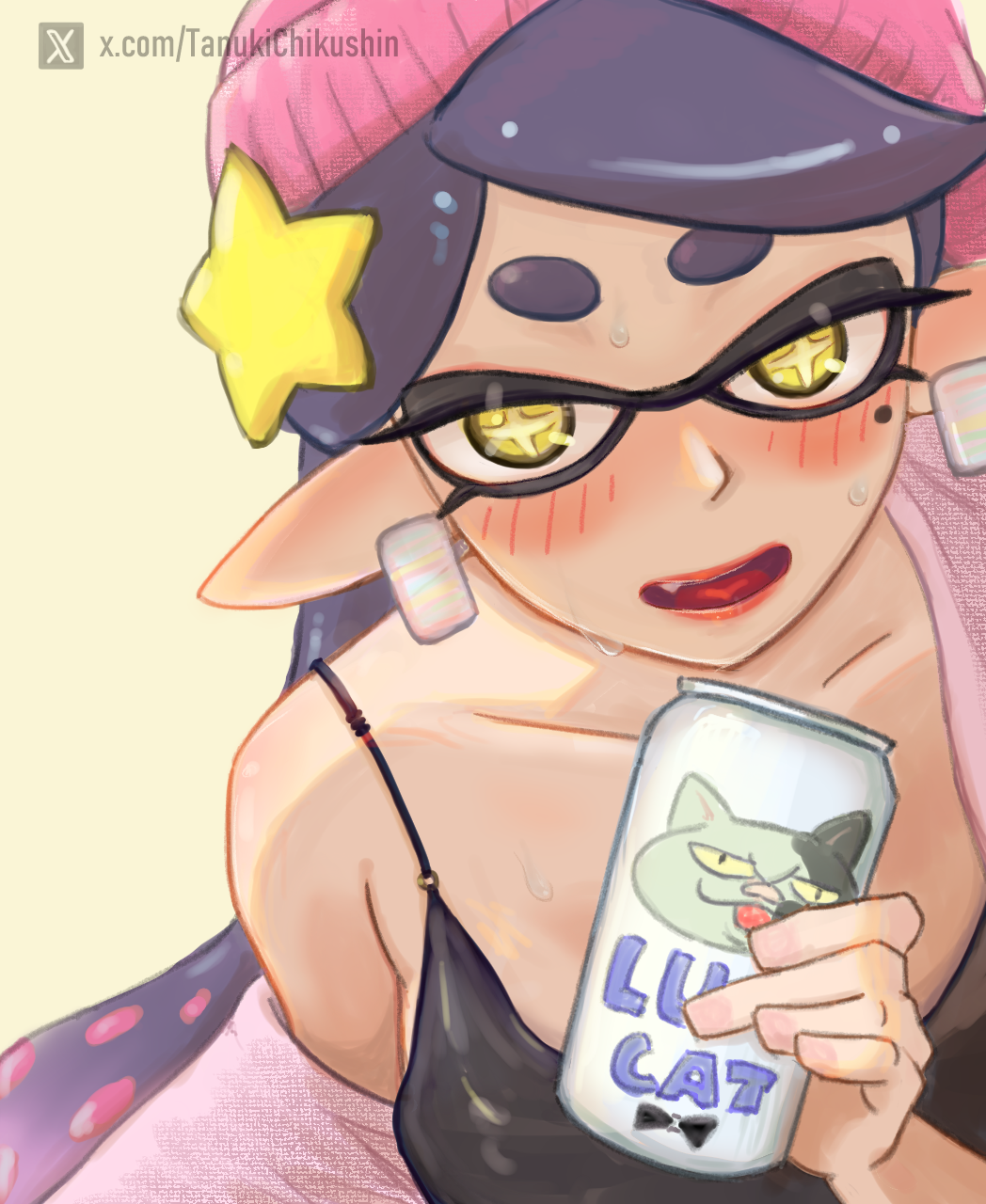 1girls agent_1_(splatoon) artist_name beanie blush breasts callie_(splatoon) drink_can earrings hair hair_ornament inkling inkling_girl long_hair looking_at_viewer mole mole_under_eye nintendo open_mouth pink_beanie solo splatoon tanukichikushin tongue two_tone_hair yellow_eyes