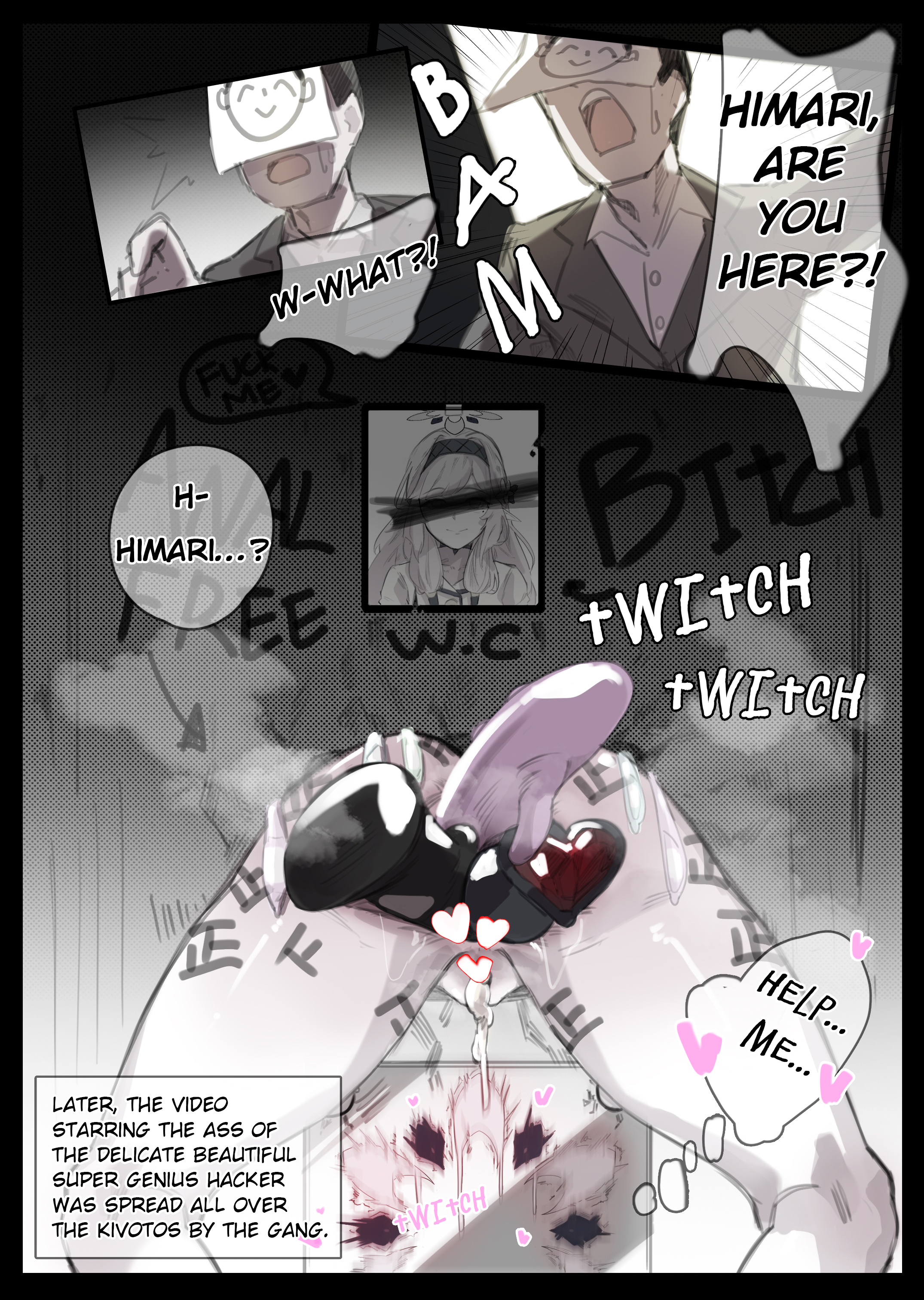 2d, after anal, after rape, ahe gao, ahegao face, anal, black gloves, black hairband, black pants, blue archive, captured, captured heroine, dildo, dildo in ass, english, english language, english text, english translation, female, flower, gloves, grey eyes, grey hair, hair flower, hair ornament, hair tubes, hairband, halo, highres, himari (blue archive), jacket, long hair, long sleeves, miwerjooggetser, mole, mole under eye, netorare, ntr, torn clothes, torn pants, white outline