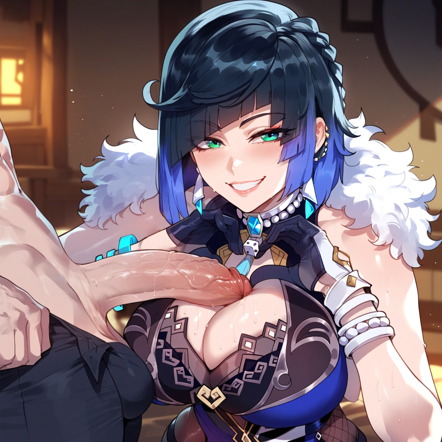 1boy, 1girls, ai generated, asymmetrical gloves, bangs, bare shoulders, between breasts, black gloves, black hair, black pants, blue dress, blue hair, blush, bob cut, bracelet, braid, breast press, breasts, cleavage, cleavage cutout, clothing, clothing cutout, curvaceous, curvaceous female, curvaceous figure, curvy, curvy figure, diagonal bangs, dice, dress, earrings, erection, female, female focus, fur trim, fur-trimmed jacket, genshin impact, gloves, green eyes, grin, heart hands, huge breasts, imminent fellatio, indoors, jacket on shoulders, jewelry, large breasts, large penis, looking at viewer, male, mismatched gloves, miyuai, mole, mole on breast, multicolored hair, neck tassel, paizuri, penis, short hair, smile, solo focus, straight, sweat, tassel, teeth, two-tone hair, veiny penis, voluptuous, voluptuous female, yelan (genshin impact)