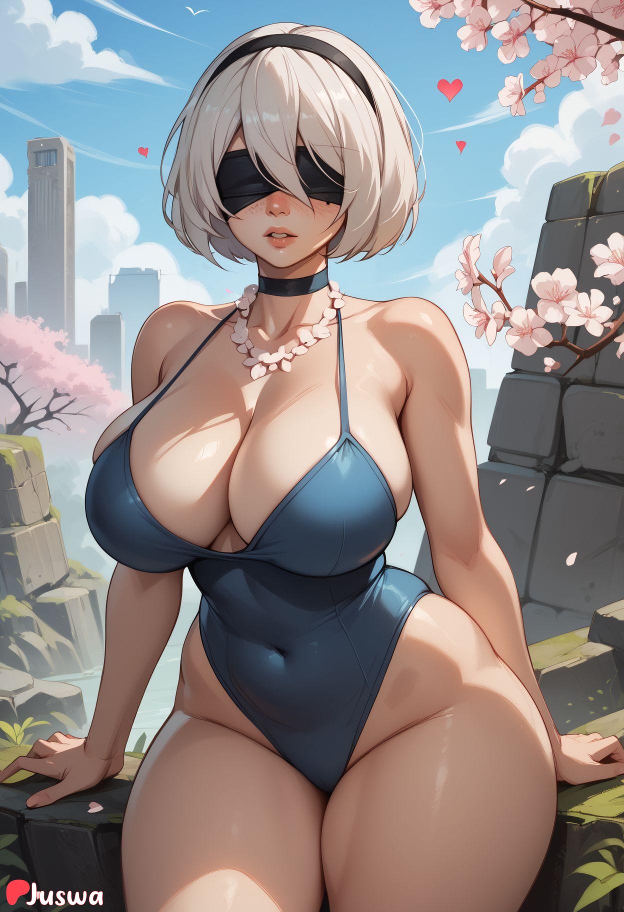 ai_generated alternate_breast_size bare_shoulders black_blindfold blindfold blue_one-piece_swimsuit blue_sky blush breasts building cherry_blossoms choker cleavage collarbone covered_eyes covered_navel curvy cute day female flower hairband heart highleg huge_ass huge_breasts jewelry juswa large_ass large_breasts leotard lips mole mole_under_mouth necklace nier:_automata one-piece_swimsuit outdoors parted_lips patreon_username short_hair sitting sky solo swimsuit thicc thick_thighs thighs white_hair wide_hips yorha_2b