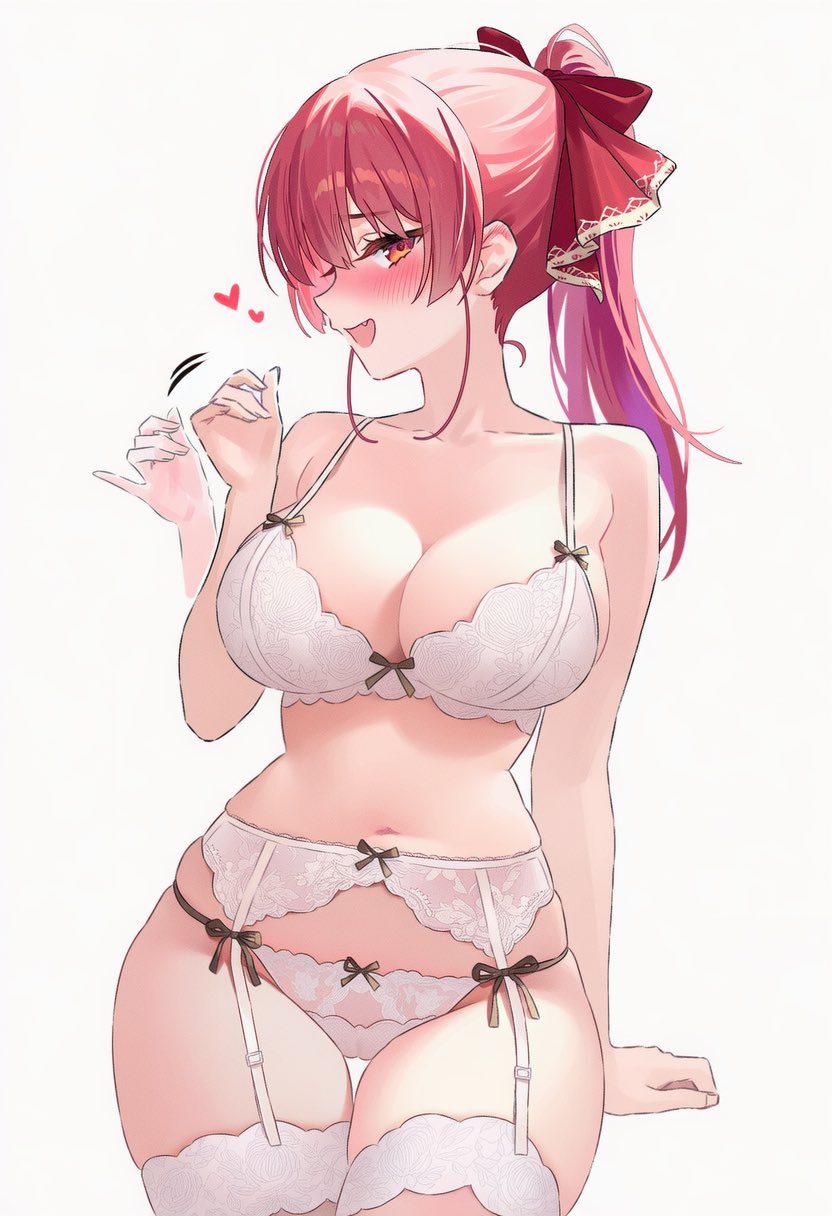 ai generated, big breasts, big thighs, blowjob gesture, blush, breasts, female, heterochromia, hololive, hololive fantasy, hololive japan, hourglass figure, houshou marine, lingerie, moi6d6f69, red hair, virtual youtuber, white bra, white panties