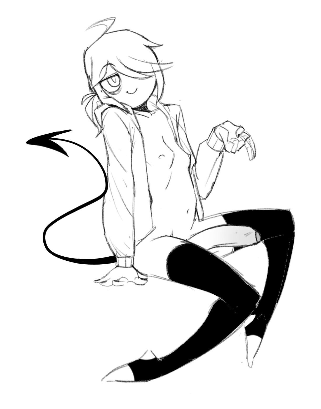 1futa, ahoge, bags under eyes, black nails, breasts, demon tail, futanari, hoodie, huge cock, intersex, inviting to sex, kinky rat, mole under eye, nude, penis, ponytail, self upload, small breasts, solo, thighhighs
