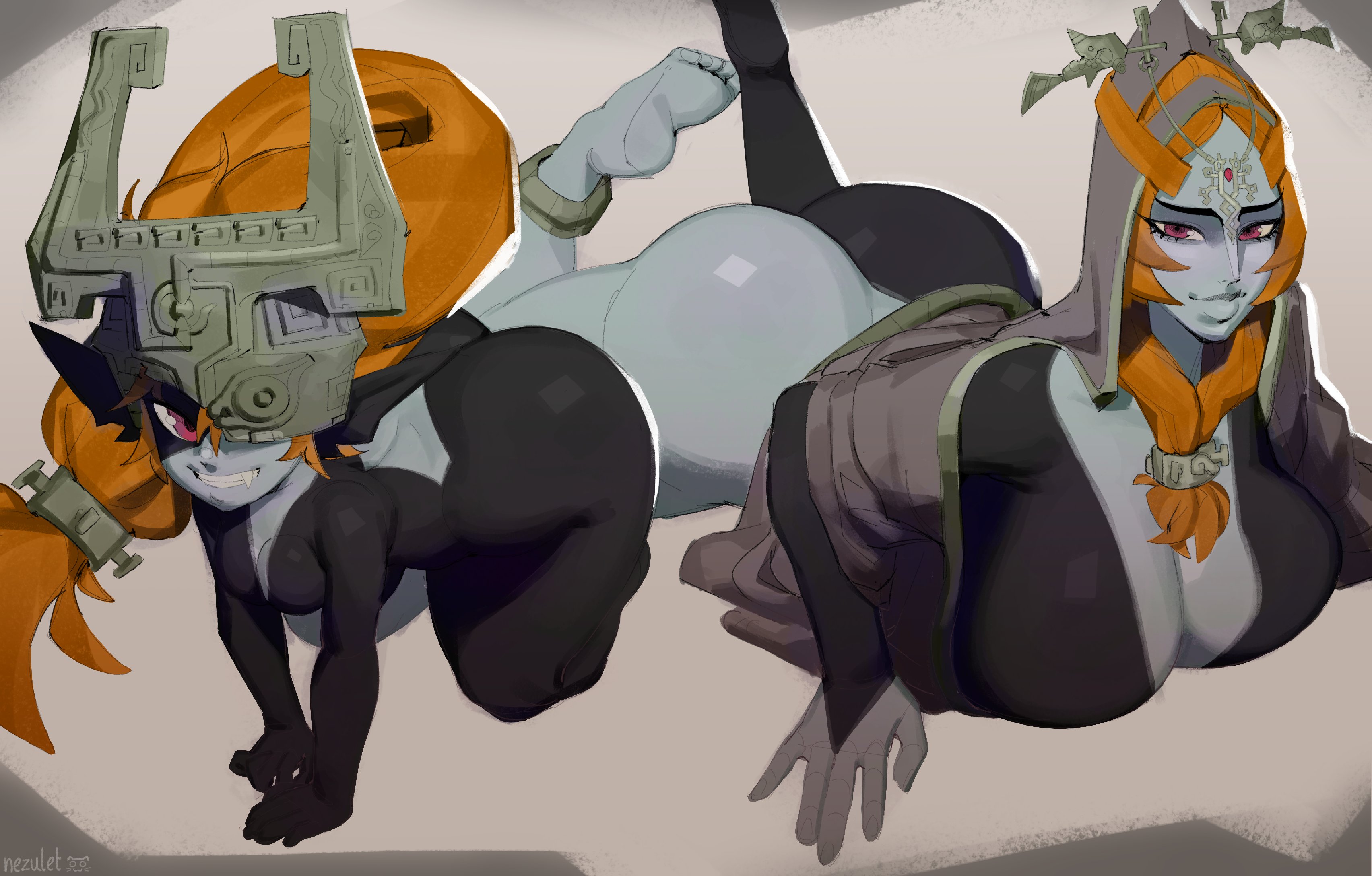 2girls, all fours, alternate form, anklet, ass, big ass, big breasts, big butt, bottomless, breast squish, breasts, butt cheeks, child bearing hips, female, female only, huge ass, huge breasts, imp, imp midna, large ass, large breasts, looking at viewer, massive hips, midna, nezulet, nude, red eyes, red hair, sexy, simple background, smile, the legend of zelda, thick, thick ass, thick thighs, tiara, twili midna, twilight princess, wide hips