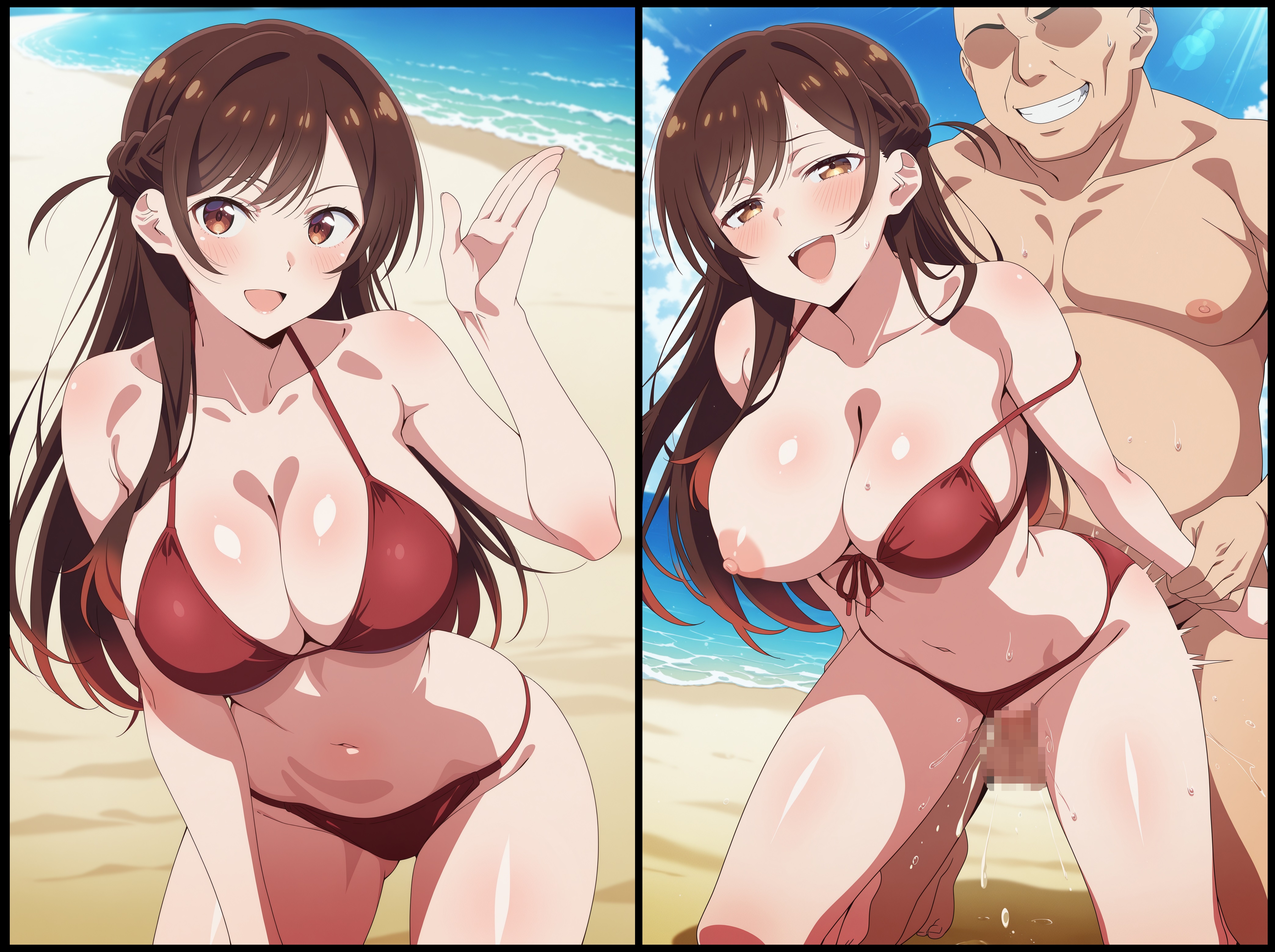 ai generated, arms held back, beach sex, bikini, breasts out of bikini, cheating girlfriend, happy, kanojo okarishimasu, mizuhara chizuru, older male and younger female, one breast out, sex from behind