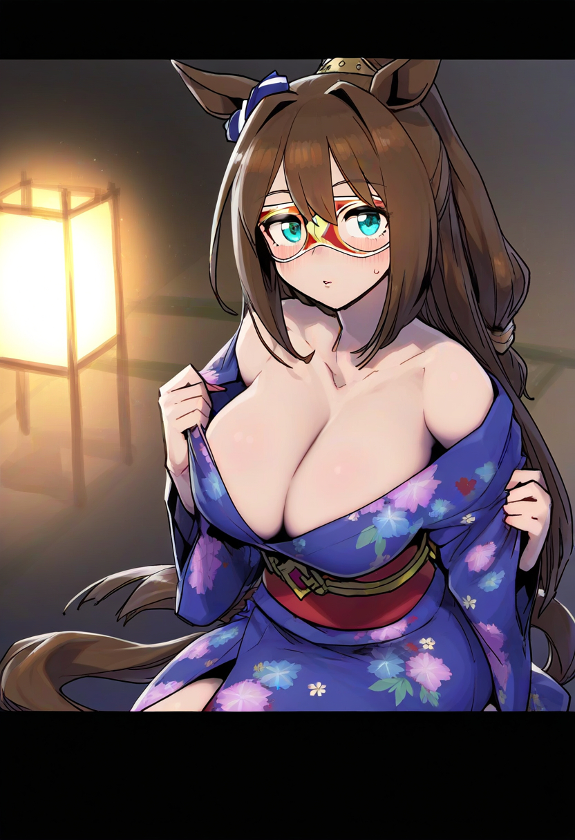 ai_generated animal_ears blue_eyes brown_hair cleavage el_condor_pasa_(umamusume) female horse_girl long_hair mask masked umamusume umamusume_pretty_derby