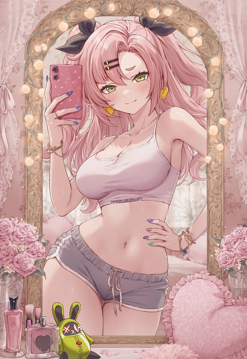 1girls belly belly_button breasts crop_top female green_eyes hips midriff mirror mirror_selfie nail_polish nicole_demara phone pink_hair selfie short_shorts shorts sidillusts solo thighs twintails wide_hips zenless_zone_zero