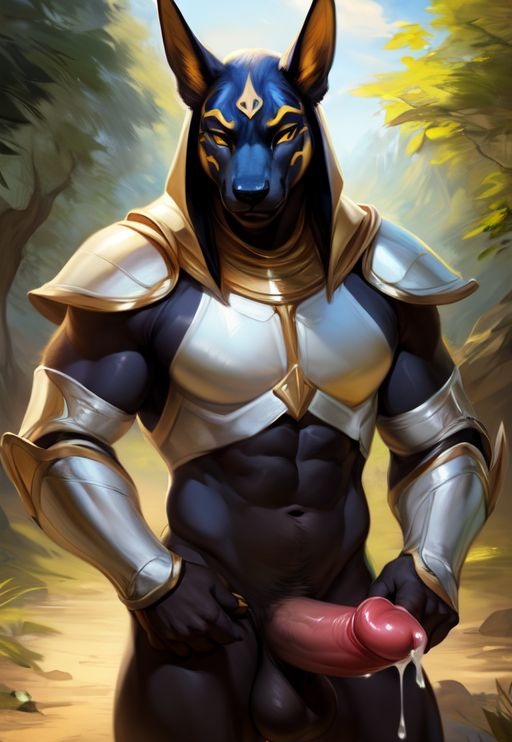 ai_generated anthro anubis armor black_body cum cum_drip erect_penis erection male male_only muscle muscles muscular muscular_anthro muscular_male naked naked_male nude nude_anthro nude_male