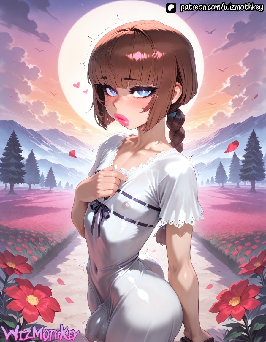 ai generated, artist name, ball bulge, bangs, blue eyes, blush, braid, brown hair, bulge, bulge through clothing, covered navel, covered nipples, dress, eyelashes, eyeshadow, femboy, field, flower, freckles, heart, lipstick, long hair, looking at viewer, male, mountain, nipple bulge, nipples visible through clothing, patreon logo, patreon username, penis, penis bulge, pink lipstick, puffy lips, red flower, solo, sun, sunset, tight clothing, tight dress, tongue, trap, water, watermark, web address, white dress, wizmothkey