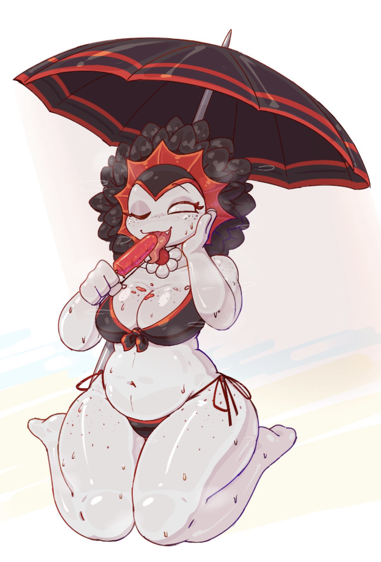 87_g0d bikini black_hair female freckles plants_vs_zombies popsicle shiny_skin slightly_chubby sweat thick_thighs tongue umbrella vampire_sunflower_(pvz) white_body white_eyes