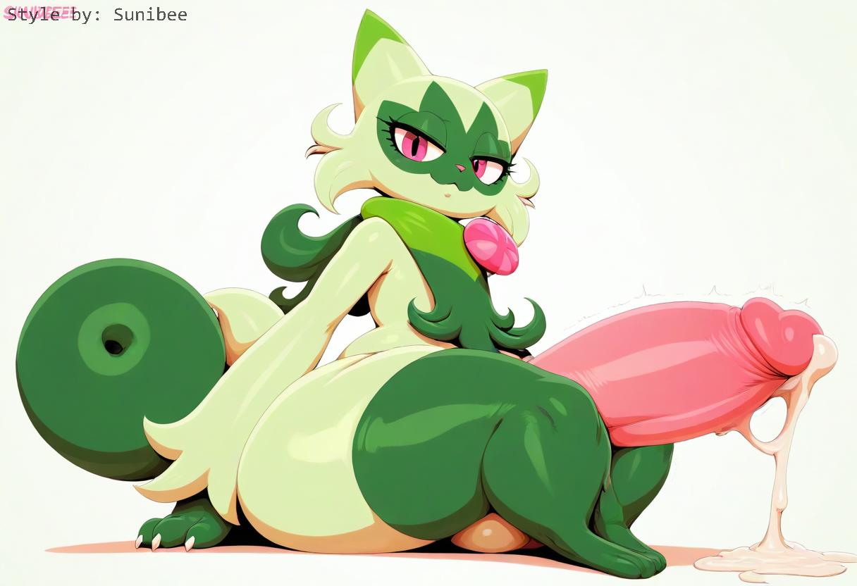 absurd_res ai_generated anthro balls big_balls big_penis bodily_fluids cum ejaculation erection floragato fur generation_9_pokemon genital_fluids genitals green_body green_fur gynomorph hellsonger hi_res huge_balls huge_cock humanoid_genitalia humanoid_penis hyper hyper_balls hyper_genitalia hyper_penis legwear looking_at_viewer male nintendo penis pink_eyes pokemon pokemon_(species) pokemorph scarf simple_background sitting solo text thick_thighs uwu