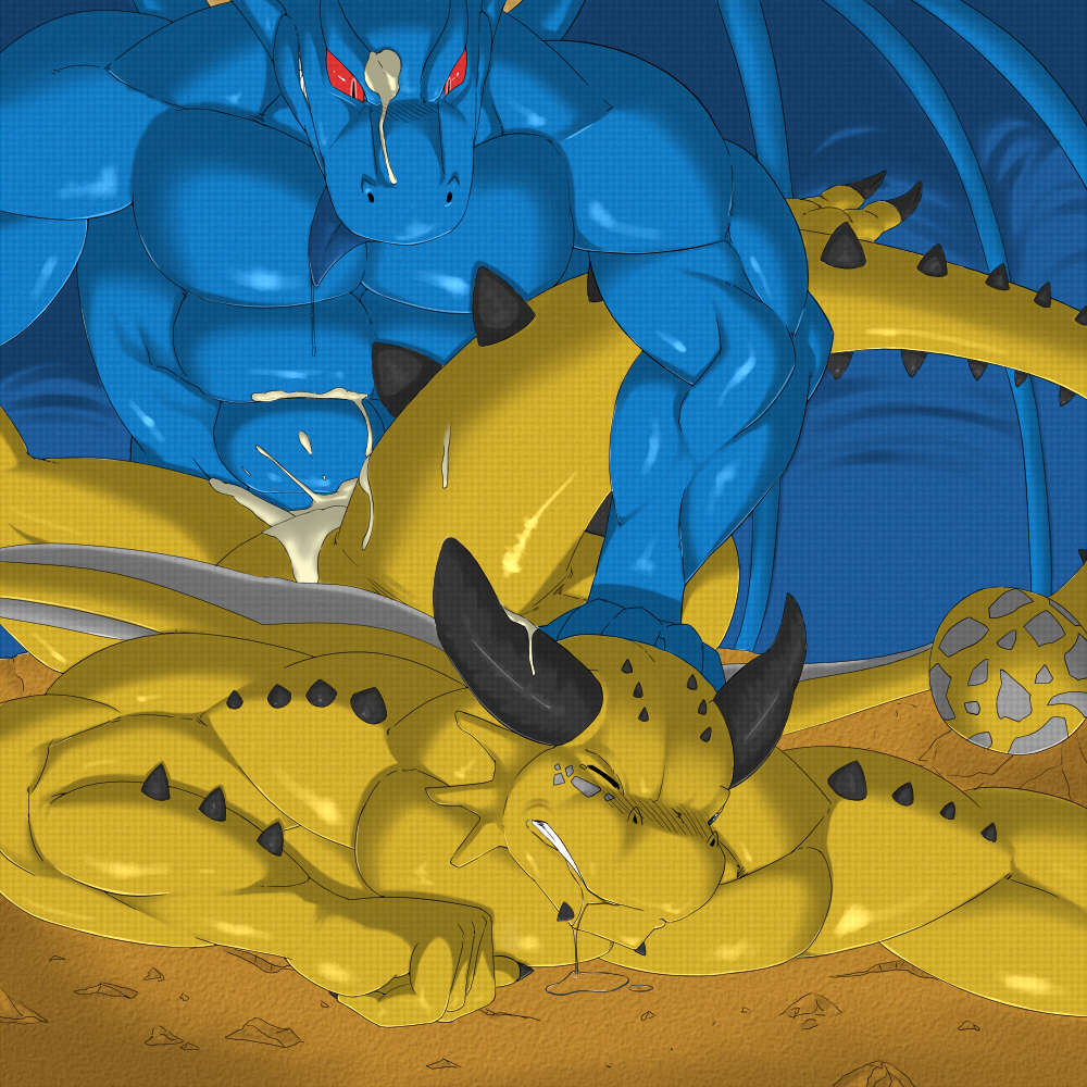 abs anal anal_sex biceps big blue_dragon blue_dragon_(character) blue_dragon_(series) blush claws closed_eyes cum cum_in_ass cum_inside cum_on_face dragon drooling erection fangs furry furry_only gay horn male muscles no_humans pecs penetration penis red_eyes rudolph_(blue_dragon) saliva tongue wings yellow_dragon