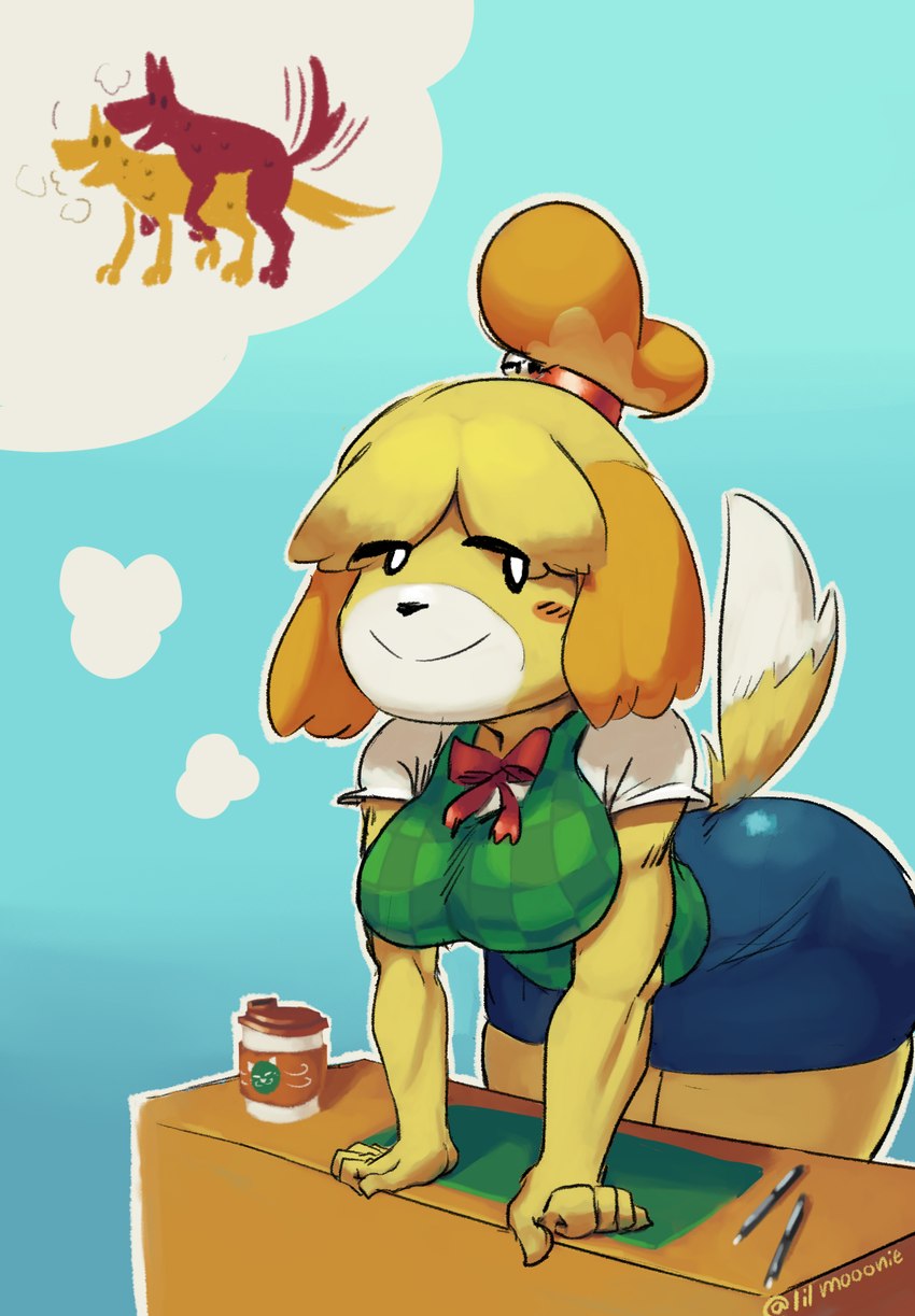 1girls, animal crossing, anthro, ass, blonde hair, breasts, canid, canine, collar, domestic dog, female, female focus, female only, furry, hips, isabelle (animal crossing), large ass, large breasts, lenny face, lilmoonie, nintendo, skirt, thick thighs, thighs, thought bubble, wide hips, yellow fur