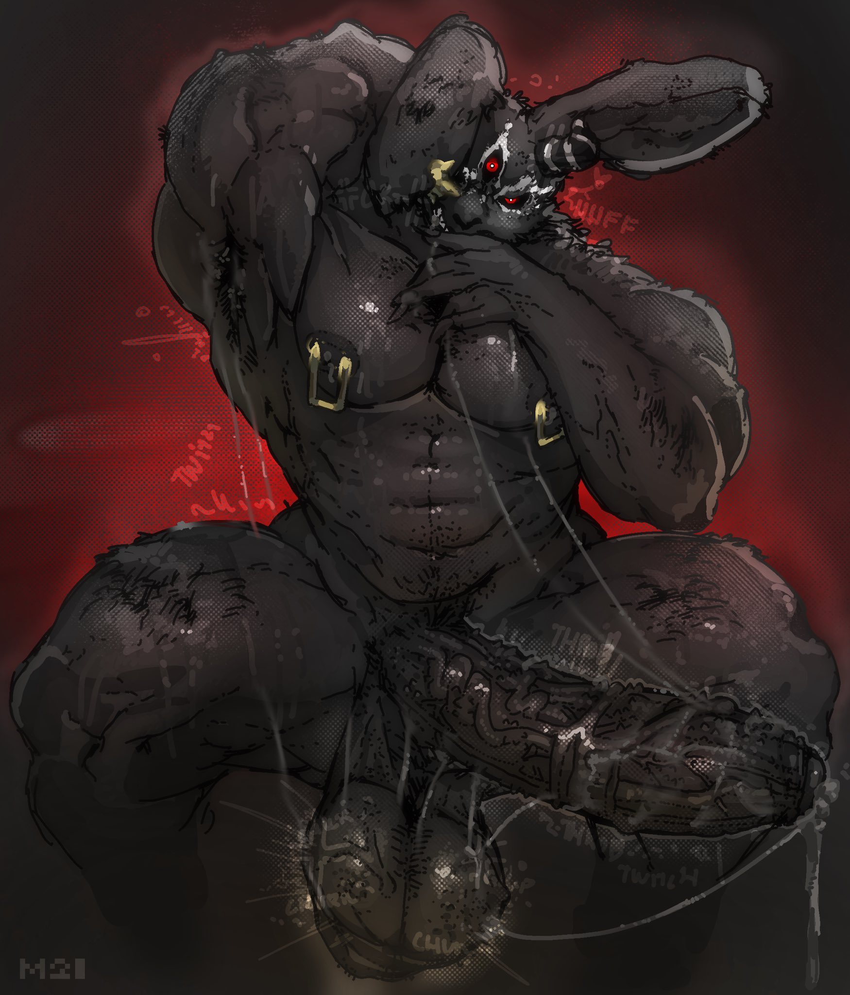 anxiboi, armpit hair, armpits, balls sound effects, big balls, big muscles, big penis, black fur, black penis, black sclera, demon, demon rabbit, demon zarek (anxiboi), demon zarek (anxiousanxiety), drooling, ear piercing, gay, hands behind head, hanging balls, heavy balls, huge balls, huge cock, humanoid penis, long penis, looking angry, male only, muranoshisoka, muscular, muscular anthro, muscular male, nipple piercing, nipples, onomatopoeia, poney, precum string, rabbit, rabbit ears, red eyes, thick penis, thick thighs, three eyes, vein, veiny balls, veiny penis, yaoi, zarek (anxiboi), zarek (anxiousanxiety)