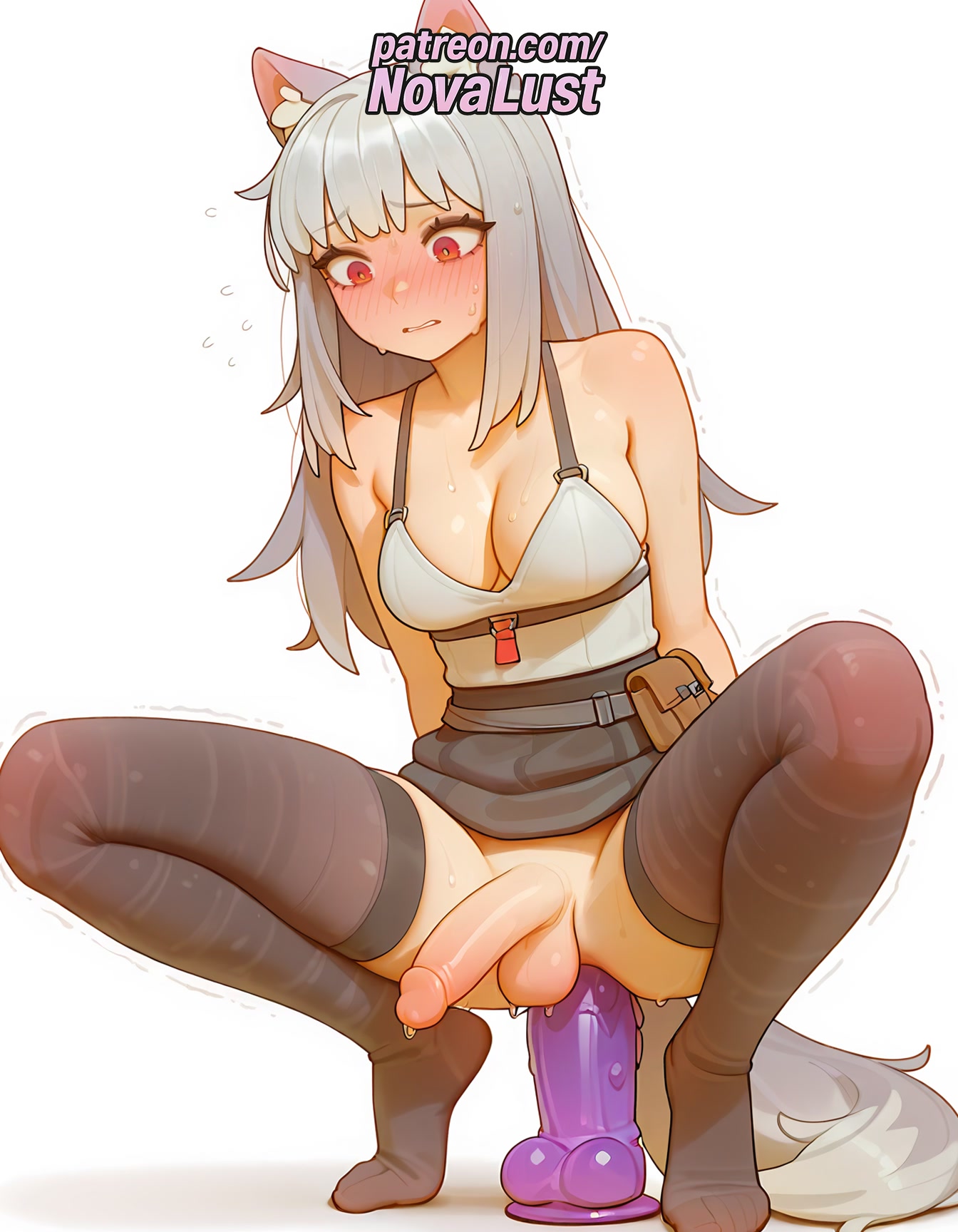 1futa, 2025, ai generated, anal, anal object insertion, animal ears, artist name, belt, blush, breasts, bust, chest, cleavage, cock, dick, dildo, dildo riding, erection, flying sweatdrops, futanari, hi res, high quality, high resolution, highres, long hair, motion lines, myuri (spice and wolf), newhalf, no panties, novalust, object insertion, patreon, patreon username, penis, precum, sex toy, solo, spice and wolf, squatting, stable diffusion, testicles, thighhighs, trembling, twitching penis, uncensored, vibrator, watermark