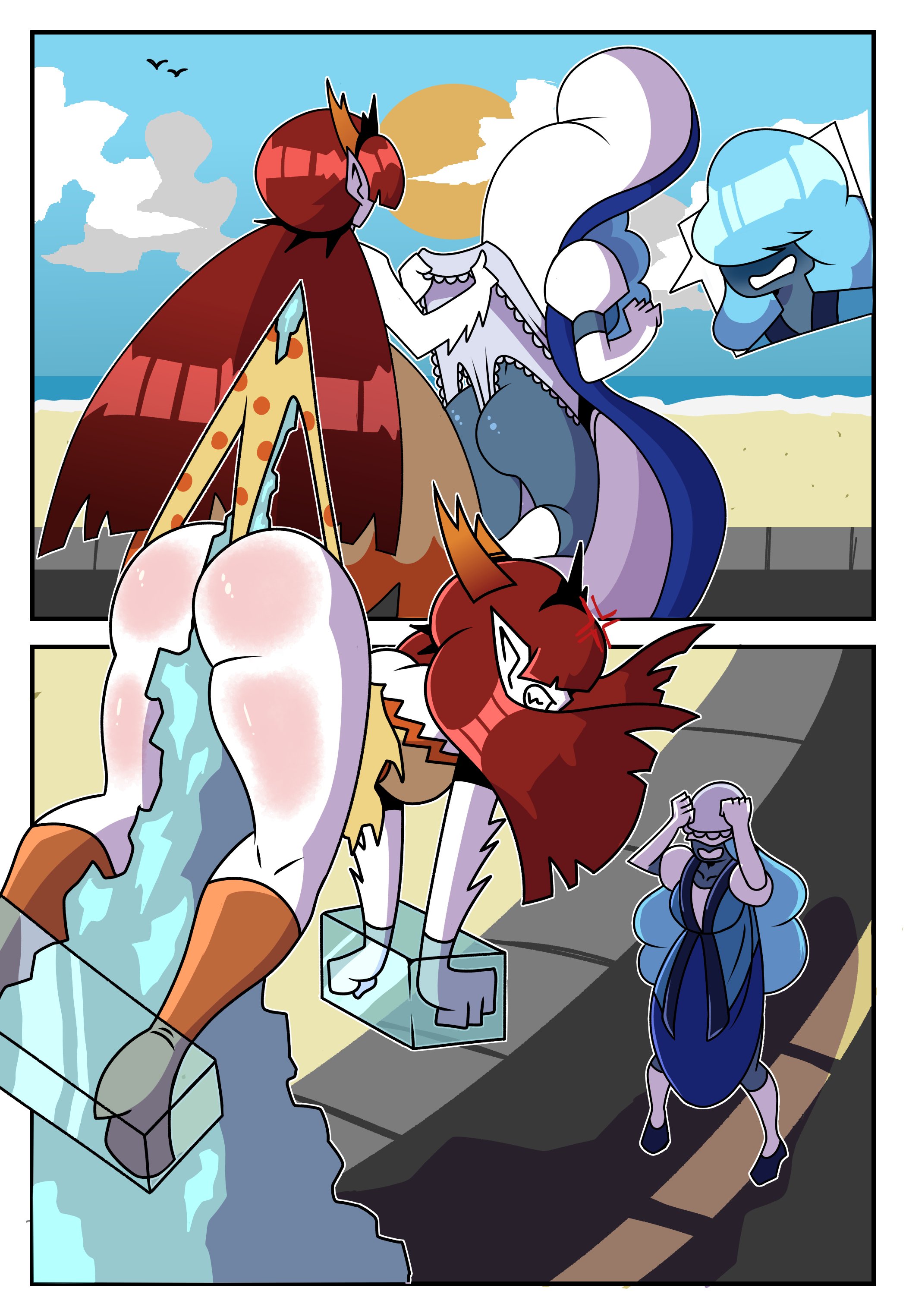 2025, 2girls, anger vein, ass, atomic wedgie, beach, blue hair, blue skin, blush, clenched teeth, crossover, hair over eyes, hanging wedgie, hekapoo, horns, ice, kneehighs, long hair, outdoors, panties, panty pull, polka dot, polka dot panties, red hair, sapphire (steven universe), sikathehornyboy, socks, star vs the forces of evil, steven universe, surprised, suspension, tagme, thighs, torn clothes, torn panties, wedgie, white panties, white skin, yellow panties