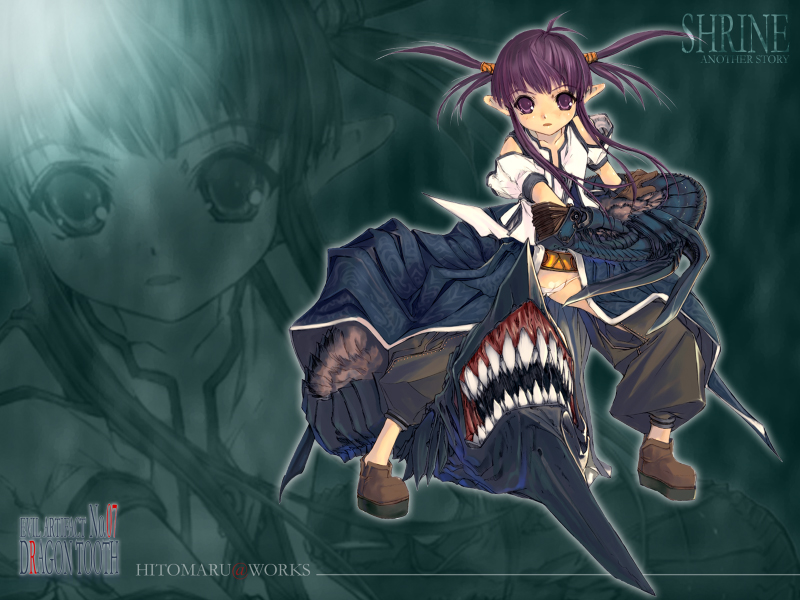 clothed elf female hitomaru monster purple_eyes purple_hair shrine sword tagme weapon