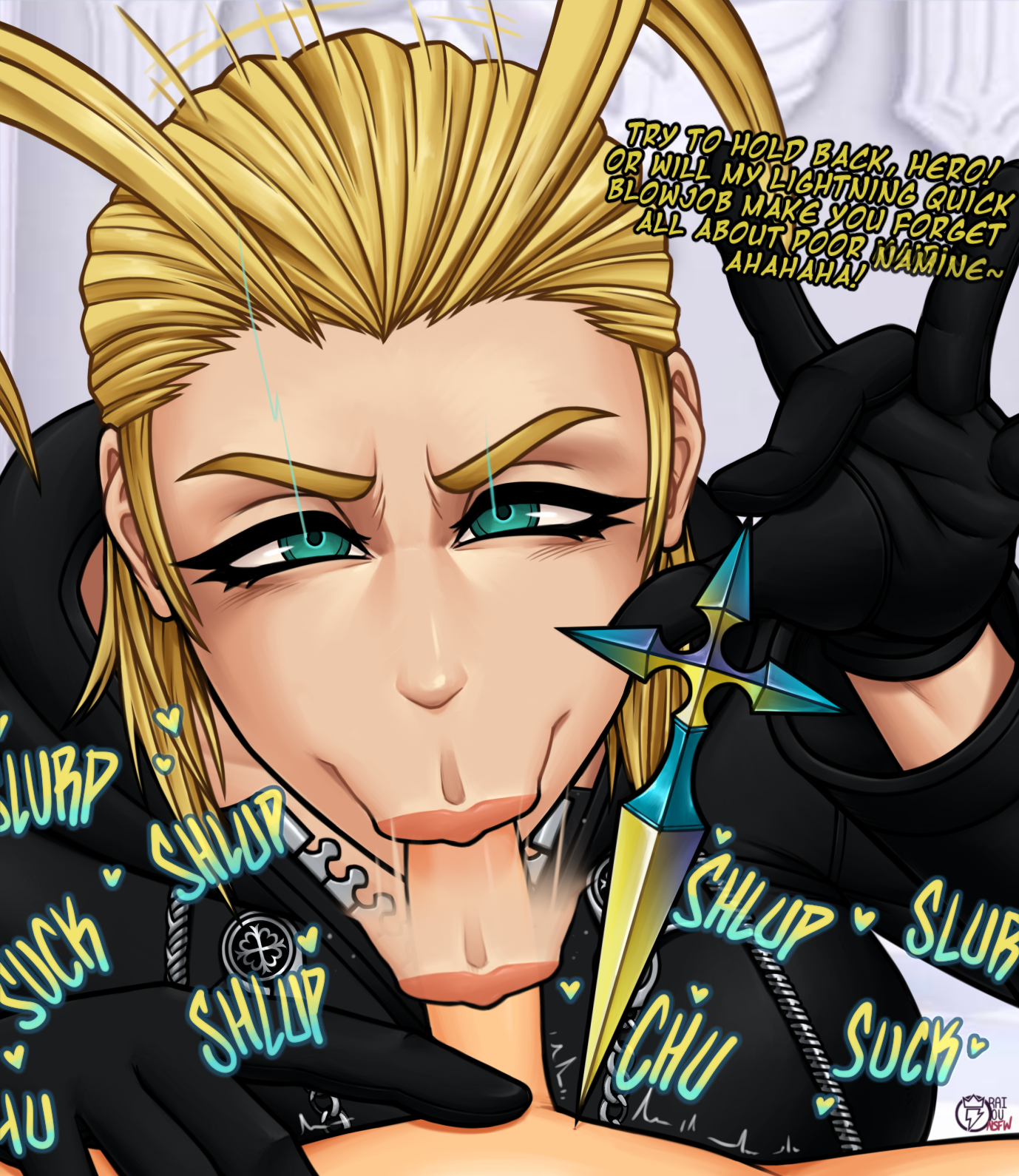 :>=, 1boy, 1girls, blonde hair, blonde-haired female, blowjob, blowjob face, cloak, clothed, clothed female, dagger, dialogue, disney, english text, female, femdom, gloves, humiliation, kingdom hearts, larxene, looking at viewer, male, motion lines, oral, partial male, penis, pov, raiounsfw, size comparison, small penis, small penis humiliation, square enix, teal eyes, text