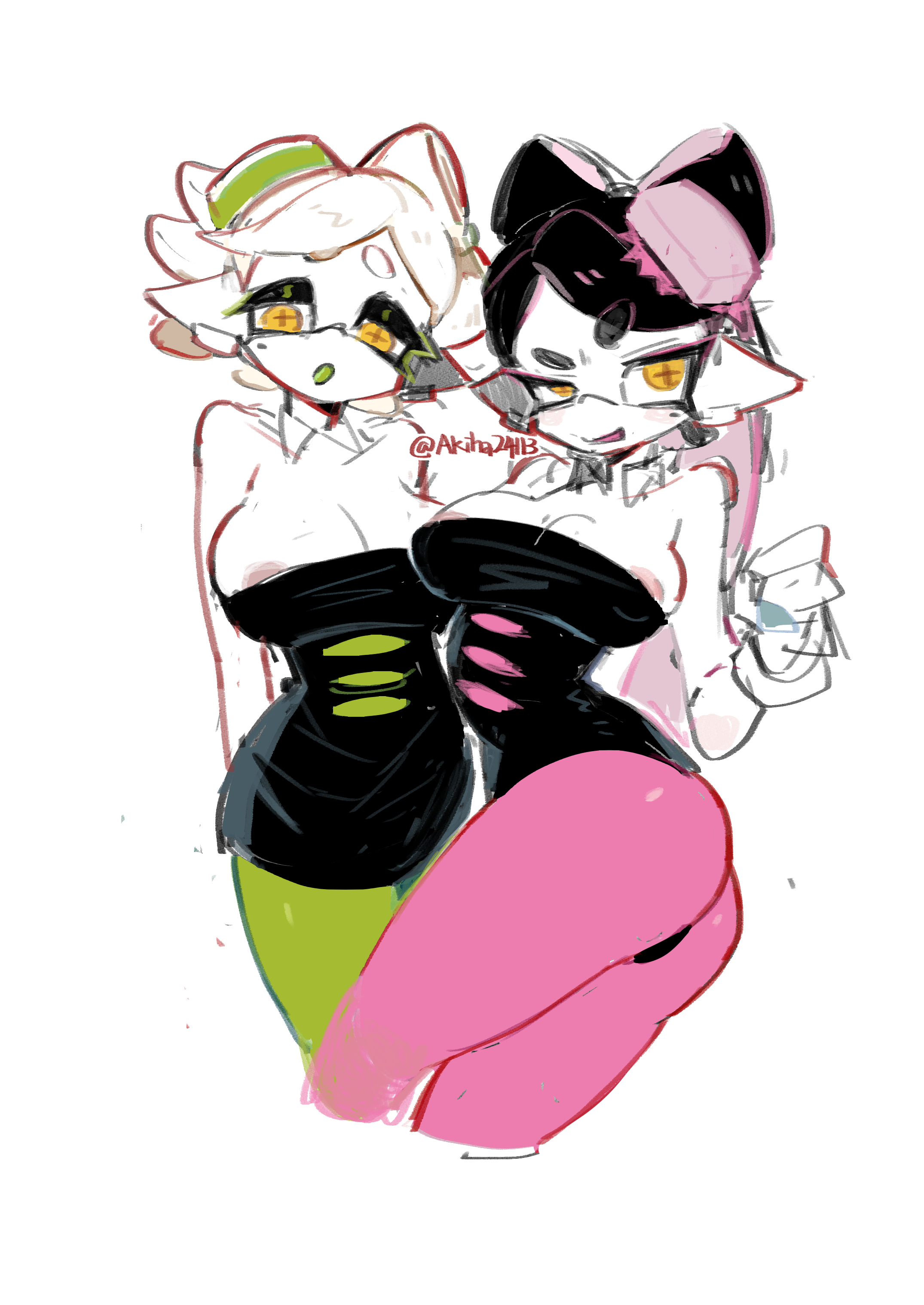 + +, 2girls, akiha24113, areolae, areolae slip, artist name, ass, bare shoulders, big ass, big breasts, breasts, callie (splatoon), cleavage, detached collar, gloves, huge ass, huge breasts, large breasts, looking at viewer, magic qy, marie (splatoon), mole, mole under eye, multiple girls, nintendo, open mouth, simple background, splatoon, splatoon (series), squid sisters, tentacle hair, thighs, white background, white gloves, yellow eyes