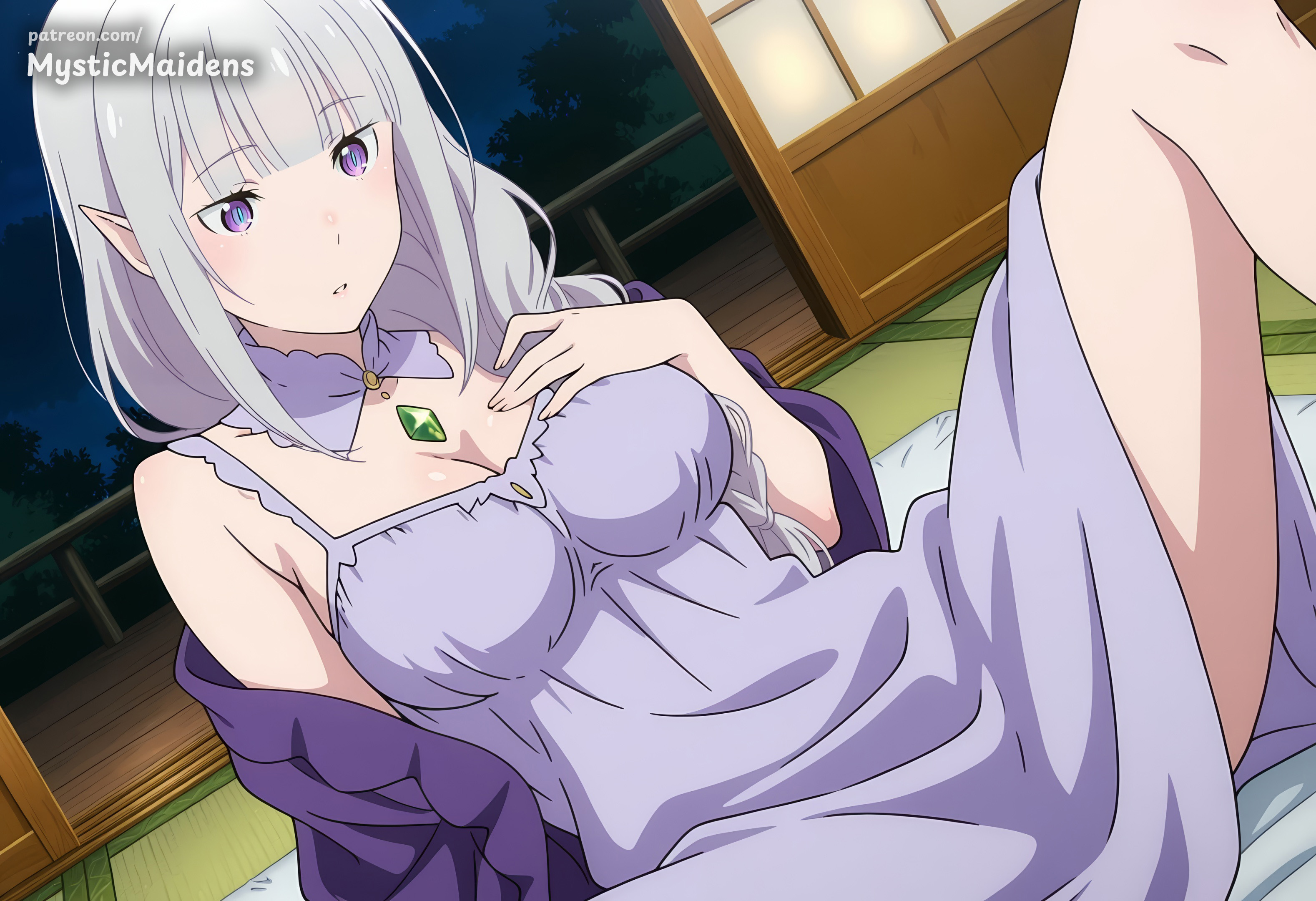 ai generated, anime, anime style, blunt bangs, braid, breasts, cleavage, detached collar, dress, elf, emilia (re:zero), female, grey hair, hand on own chest, hentai, hi res, indoors, large breasts, long hair, mystic maidens, night, nightgown, patreon, pointy ears, purple eyes, re:zero kara hajimeru isekai seikatsu, sitting, solo