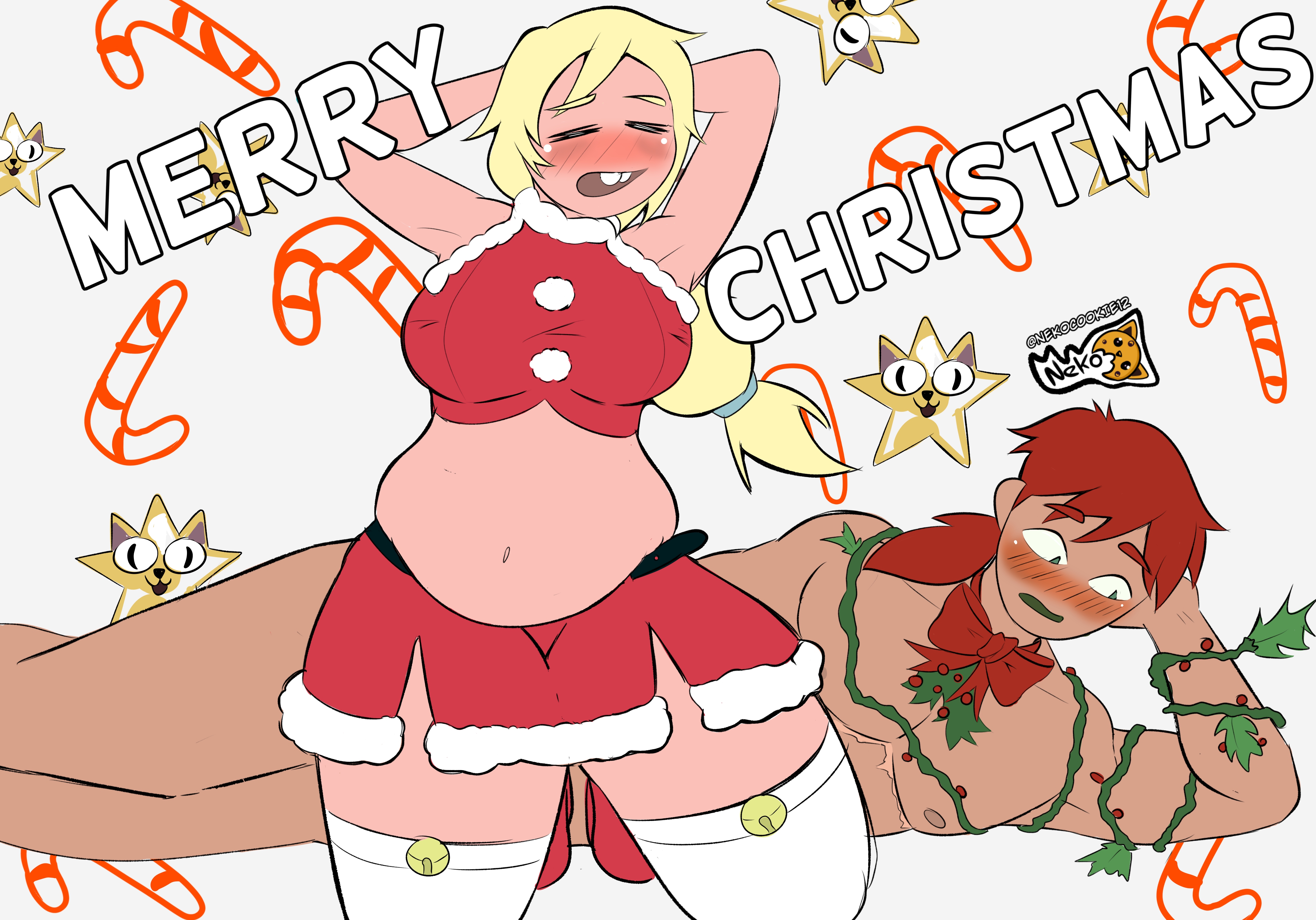 1boy, 1boy1girl, 1cuntboy, 1girls, adventure time, bbw, belly, belly button, big breasts, blonde female, blonde hair, blush, brown hair, cake the cat, cartoon network, cat eyes, christmas, christmas clothing, christmas outfit, chubby, chubby female, fat ass, fat thighs, female, fionna and cake, fionna campbell, fionna the human girl, green eyes, hbo max, human, hunter, hunter (fionna and cake), hunter wizard, mastectomy scar, mistletoe, neko cookie, nude male, skirt, socks, tan body, tan skin, white skin