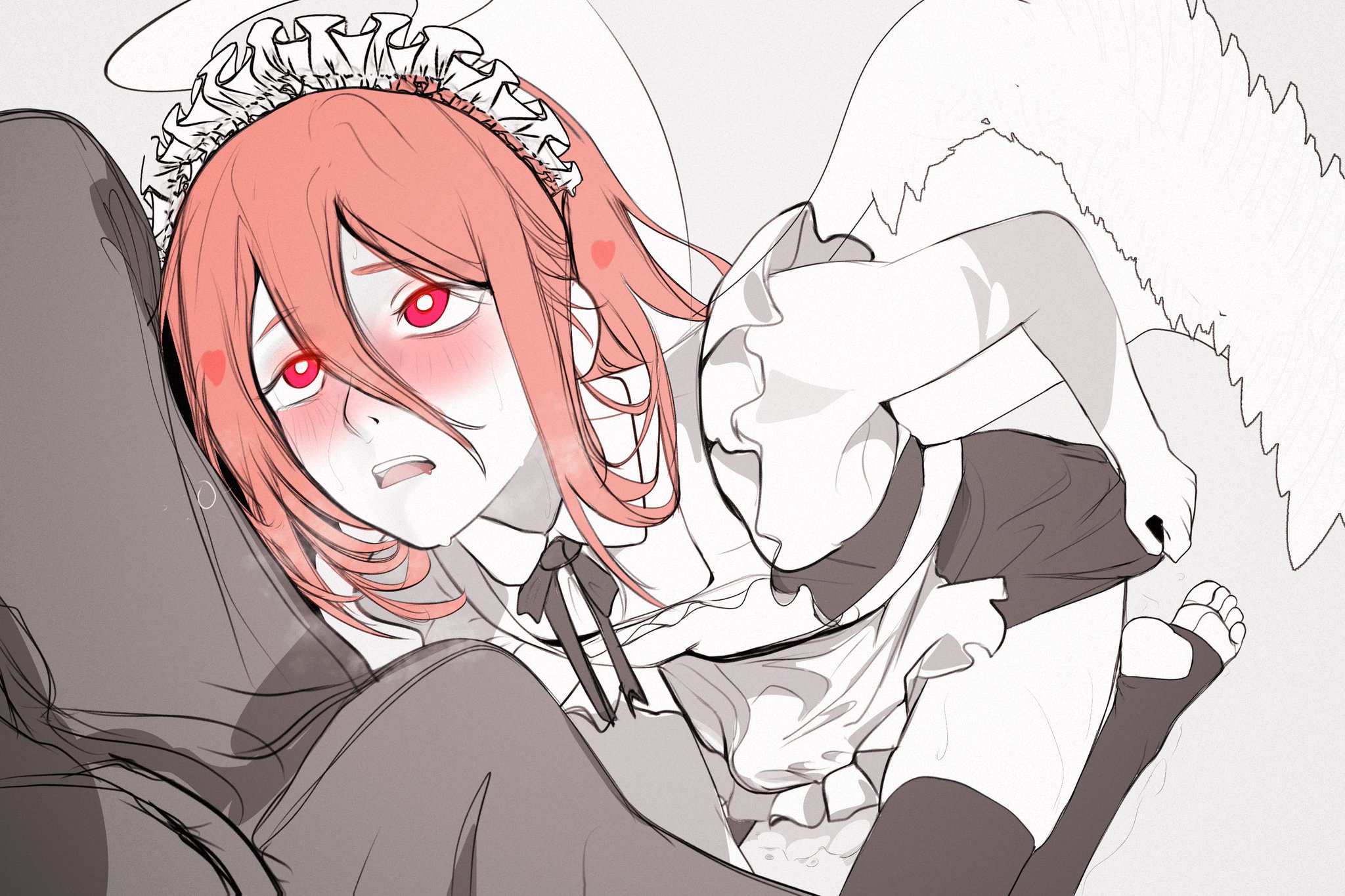 2025, 2boys, 2d, 2d (artwork), angel, angel devil (chainsaw man), blush, bulge, bulge through clothing, bulge under clothes, chainsaw man, color, colored, drool, drooling, erect penis, erection, erection under clothes, esmile, femboy, femboysub, feminine male, gay, gay male, halo, heart, heart symbol, horny, horny male, imminent sex, light skin, light-skinned male, long hair, looking at partner, looking up, maid, maid headdress, maid outfit, male, male only, male/femboy, male/male, otoko no ko, penis, penis bulge, red hair, stirrup legwear, thighhighs, thighs, wings, yaoi