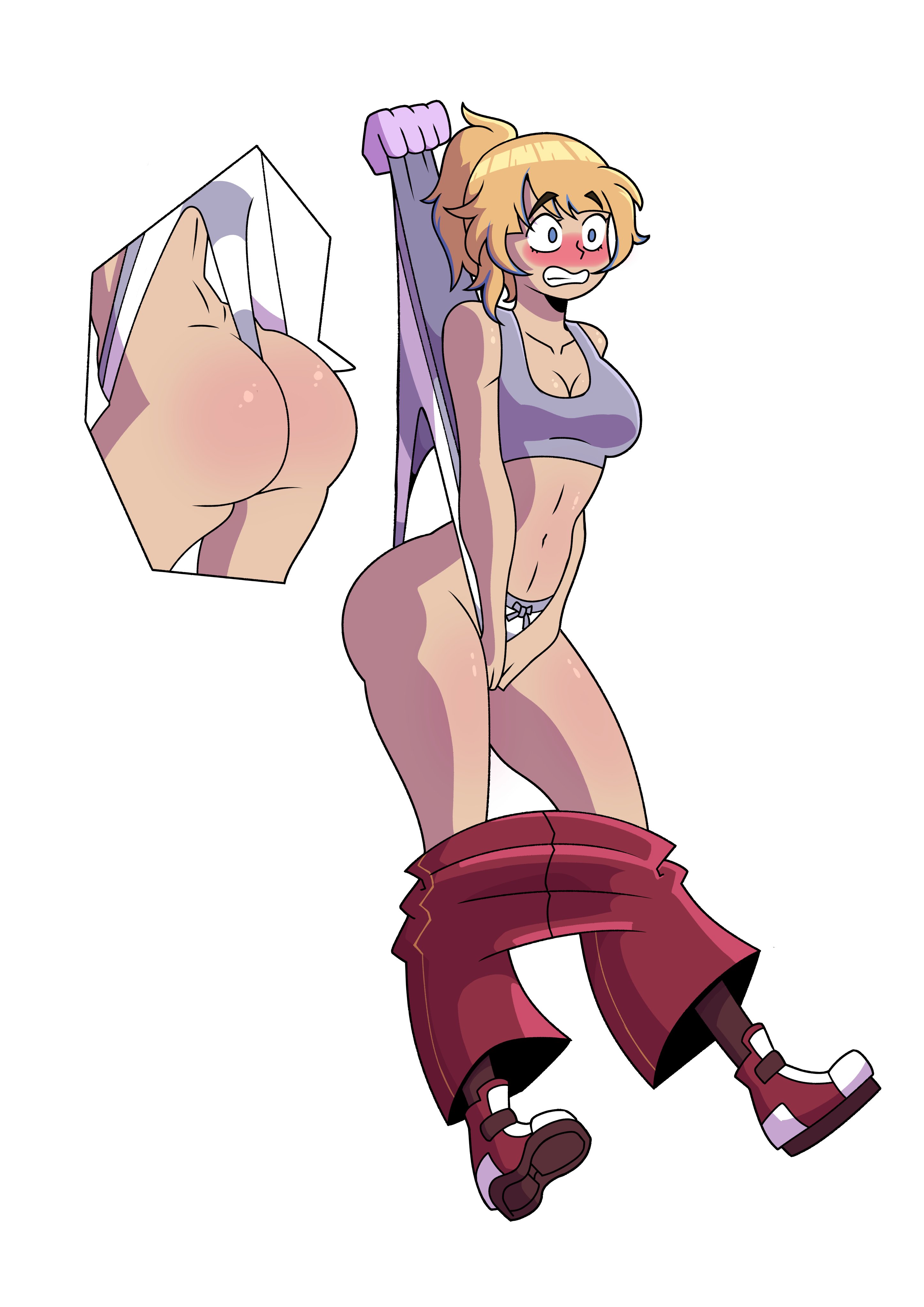 1girls, 2025, ass, blonde hair, blue eyes, blush, borrowed character, bow panties, bra, clenched teeth, covering crotch, embarrassed, grey bra, hanging wedgie, humiliation, navel, original, panties, pants, pants down, panty pull, ponytail, sikathehornyboy, sneakers, socks, surprised, thighs, wedgie, white panties