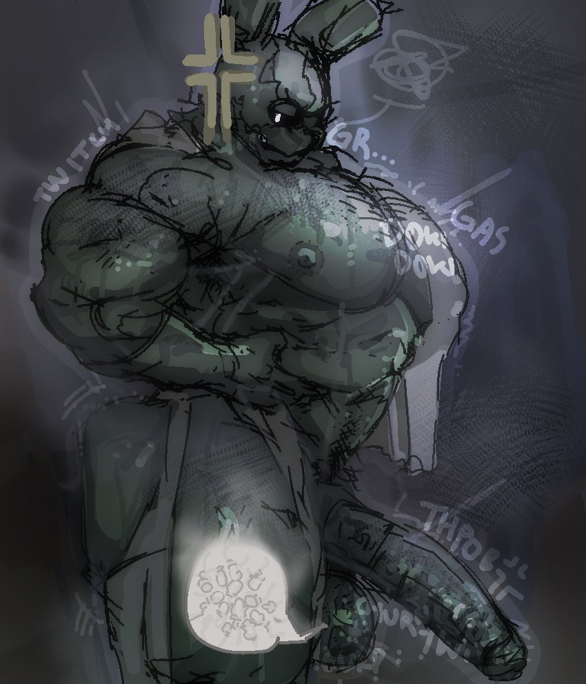 angry expression, angry face, animatronic, animatronic male, annoyed expression, big balls, big penis, black sclera, bubble butt, five nights at freddy's, five nights at freddy's 3, grabbing own belly, green body, grey fur, huge balls, huge butt, huge cock, huge muscles, huge pecs, huge testicles, humanoid penis, looking at viewer, muranoshisoka, muscular, muscular anthro, muscular male, muscular robot, nipples, onomatopoeia, rabbit, rags, scottgames, solo, sperm cell, sperm cells, sperm in balls, springlock suit, springtrap, springtrap (fnaf), tattered clothing, text, undead, visible nipples, white eyes
