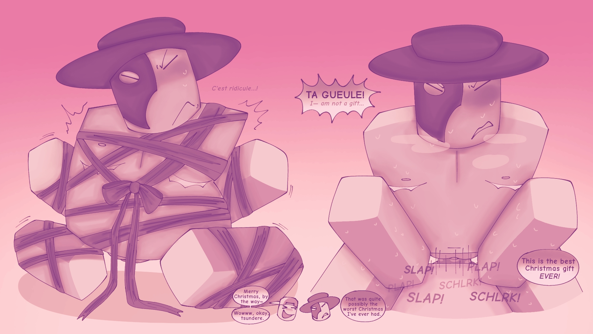 1boy, 1other, ambiguous gender, artful (die of death), blocky body, blush, civilian (die of death), consensual, dialogue, die of death (roblox), english text, first person view, french text, gradient background, hands behind back, missionary position, monochrome, motion lines, onomatopoeia, plap, ribbon, ribbon bondage, riding, roblox, roblox game, robloxian, self upload, shaking lines, sweat, taunt (die of death), tauntxp, teasing, text, text bubble, tied up, top surgery scars, transgender male, transmasc, vaginal penetration