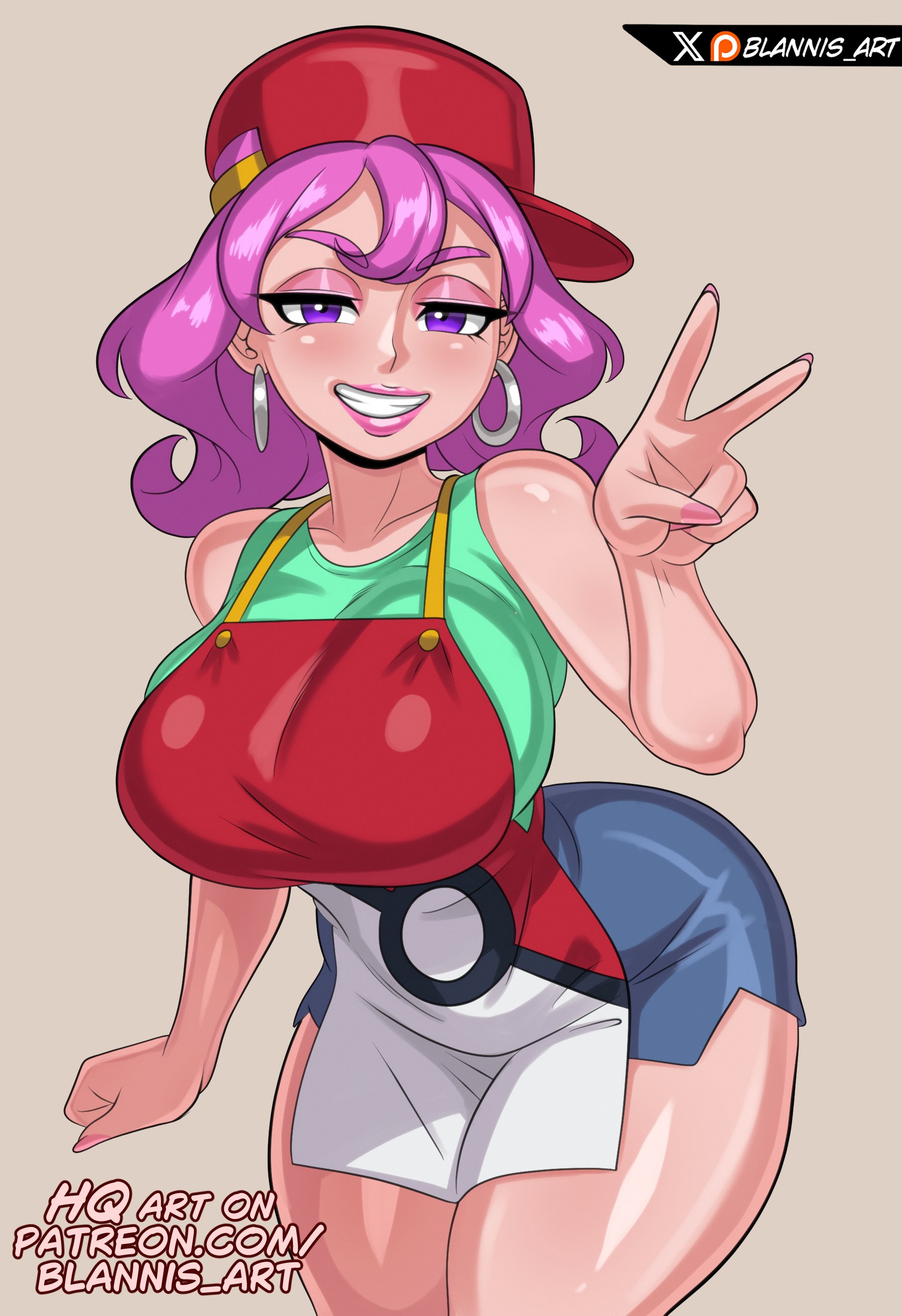 1girls, apron, blannis art, breasts, eyeshadow, female, female focus, female only, large breasts, light skin, light-skinned female, lipstick, makeup, nail polish, nintendo, nurse joy, pink eyeshadow, pink lipstick, pink makeup, pink nail polish, pokemon, solo, thick thighs, thighs, wide hips