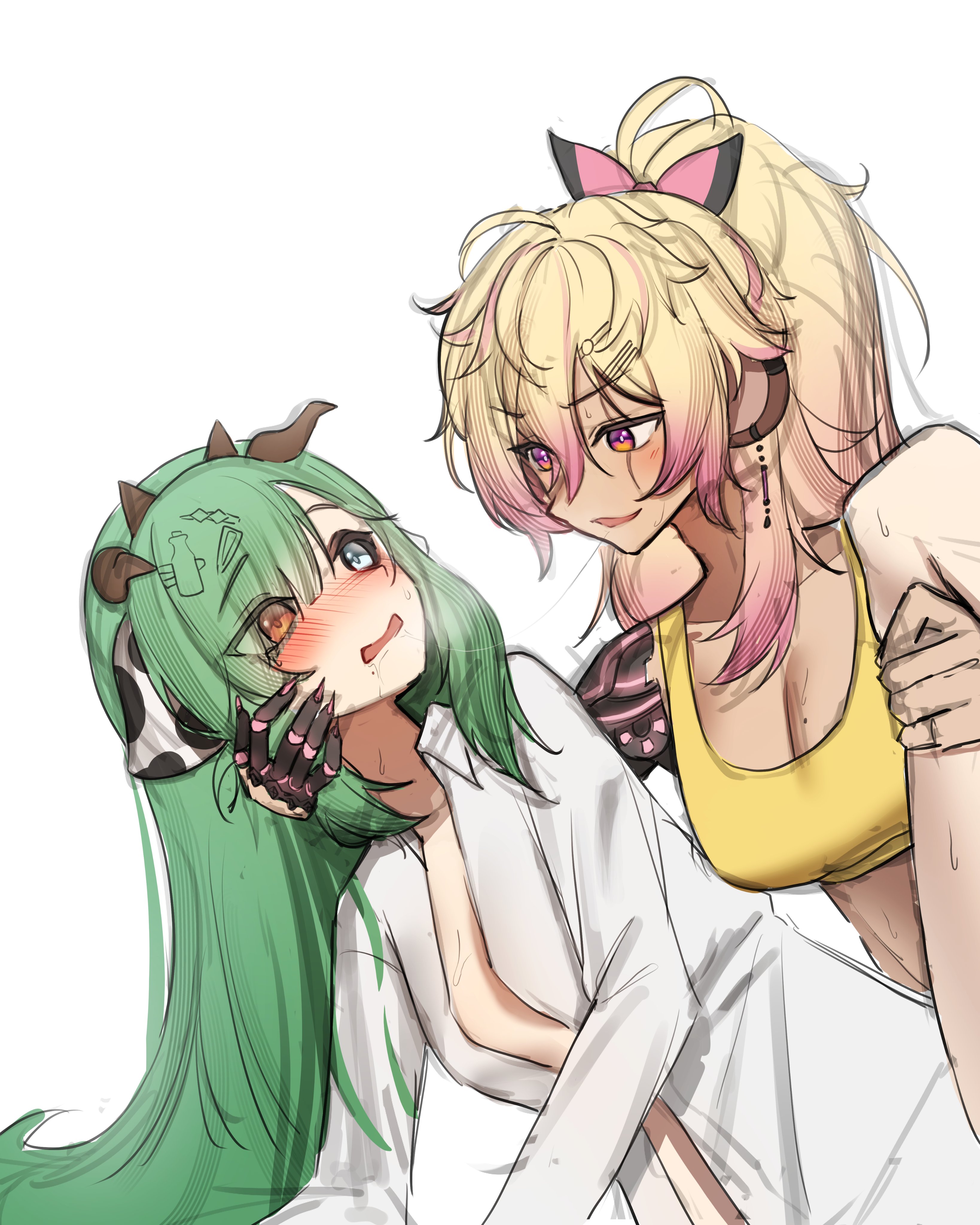 2girls, absurdres, animal ears, blonde hair, blue eyes, blush, bow, breasts, cleavage, colored sclera, cow ears, cow girl, cow horns, crelly, cyborg, dark skin, dark-skinned female, dominant female, eye contact, femdom, gay panic, gentle femdom, gradient hair, green hair, grey sclera, hair down, hairbow, hand on another's face, heterochromia, highres, horns, imminent sex, implied sex, implied yuri, indie virtual youtuber, kokonuts, lavidi, lesbian, lesbian sex, long hair, looking at another, mechanical arms, mole on breast, monkey ears, monkey girl, multicolored hair, multiple girls, nervous, offscreen sex, open clothes, open mouth, open shirt, pale skin, pink eyes, pink hair, ponytail, red eyes, seduction, seductive, shirt, sports bra, spread legs, submissive female, sweat, thighs, virtual youtuber, vtuber, white background, white shirt