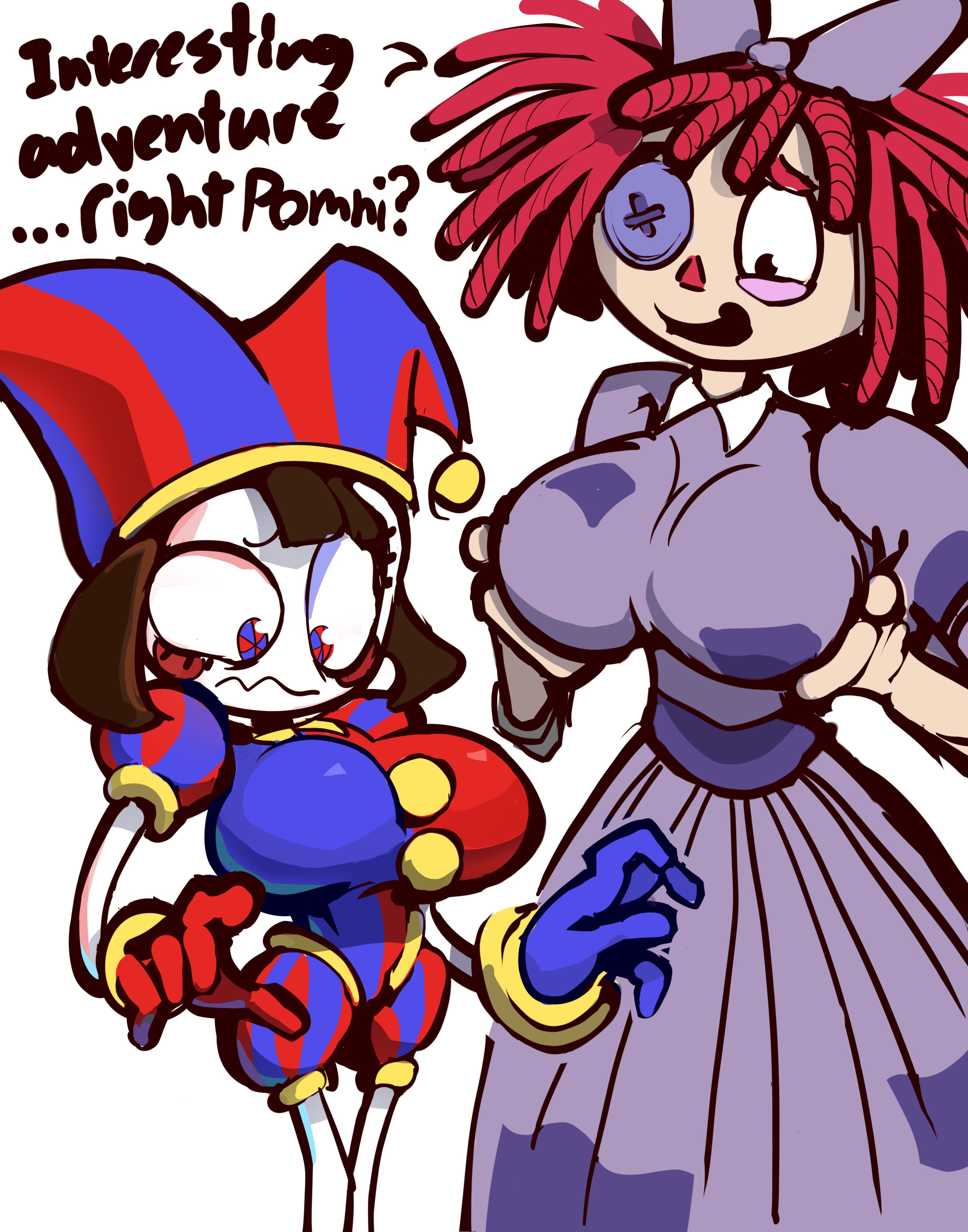 2girls, alternate breast size, big breasts, boobs, breast expansion, breast focus, breasts, chell chan, color, colored, dialogue, english text, female, female focus, female only, implied breast expansion, implied expansion, implied transformation, pomni (the amazing digital circus), ragatha (the amazing digital circus), text, the amazing digital circus