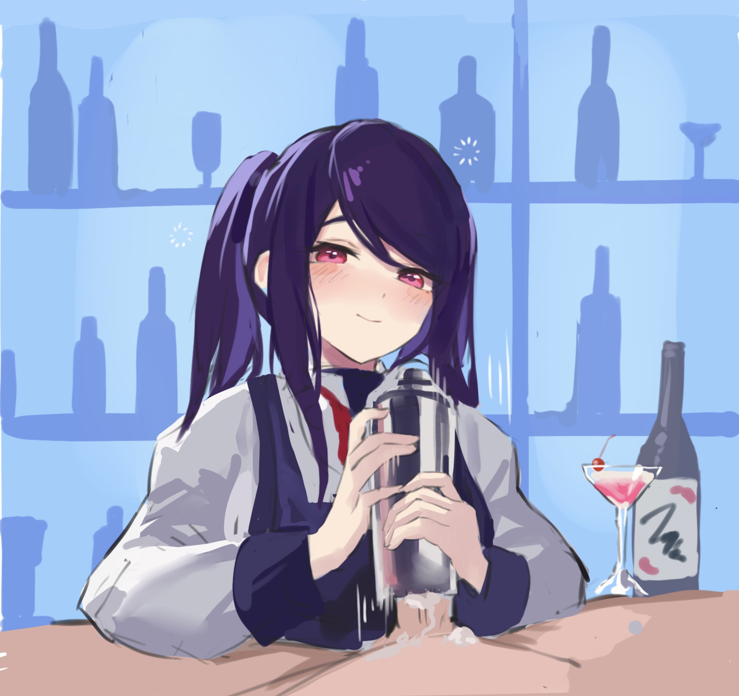 1boy, 1girls, alcohol, alcohol bottle, artist request, blush, bottle, closed mouth, clothed female nude male, clothing, cocktail glass, cocktail shaker, cum, drunk, drunk bubble, female, handjob, indoors, julianne stingray, light skin, light-skinned female, light-skinned male, long hair, looking at viewer, male, motion lines, penis, purple hair, red eyes, shirt, smile, twintails, va-11 hall-a, vest
