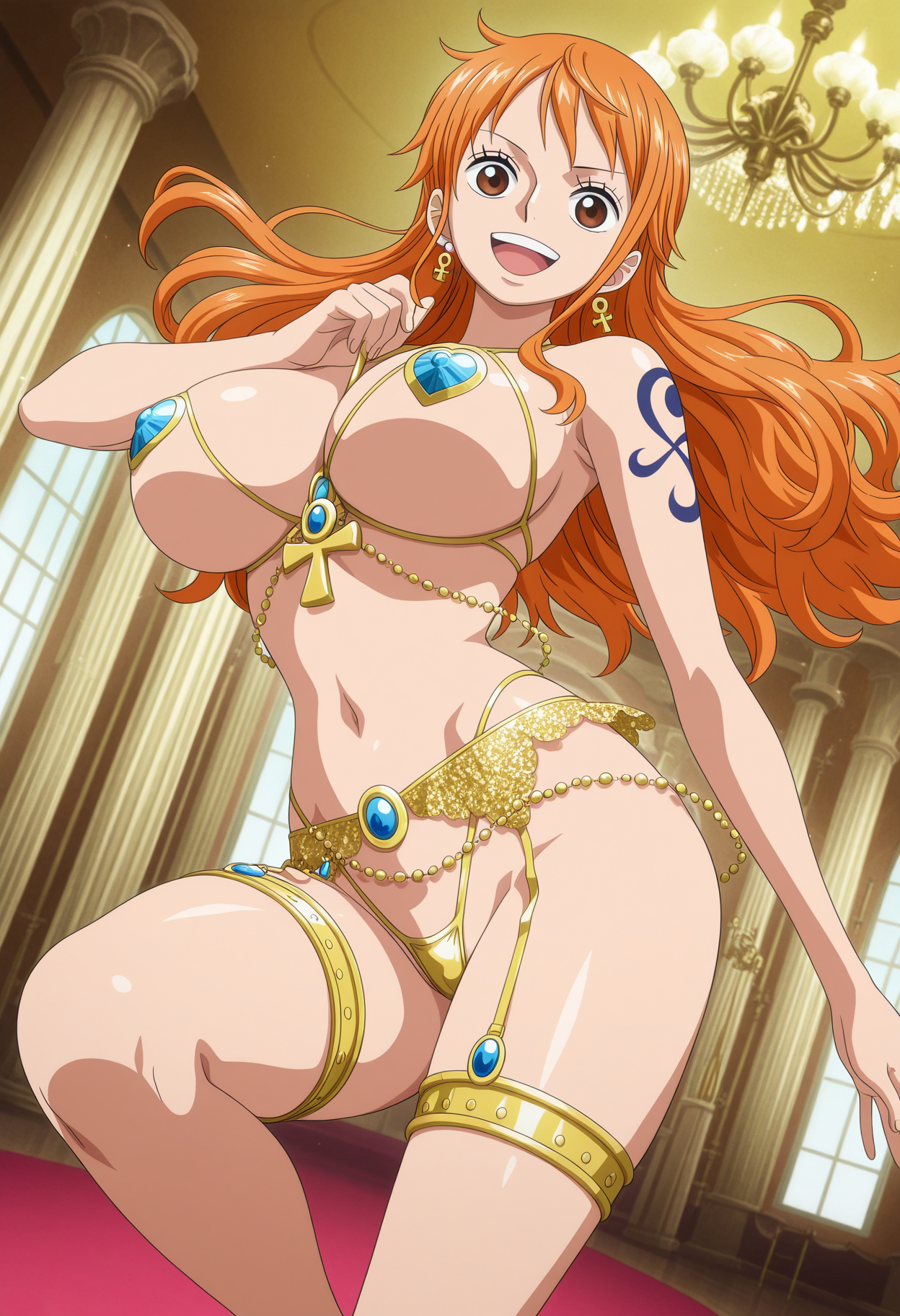 1girls, ai generated, arm tattoo, belly dancer, big breasts, blue tattoo, body chains, brown eyes, chains, chandelier, dancer, dancer outfit, dancing, earrings, enslaved royal, exotic, exotic dancer, female, female only, garter belt, garter straps, ginger, ginger hair, hall, hourglass figure, long hair, nami (one piece), naon, naon12, nipple pasties, one piece, orange hair, orange-haired female, pasties, revealing clothes, slave, slave girl, smiling, smiling at viewer, tattoo, tattooed arm, thigh strap