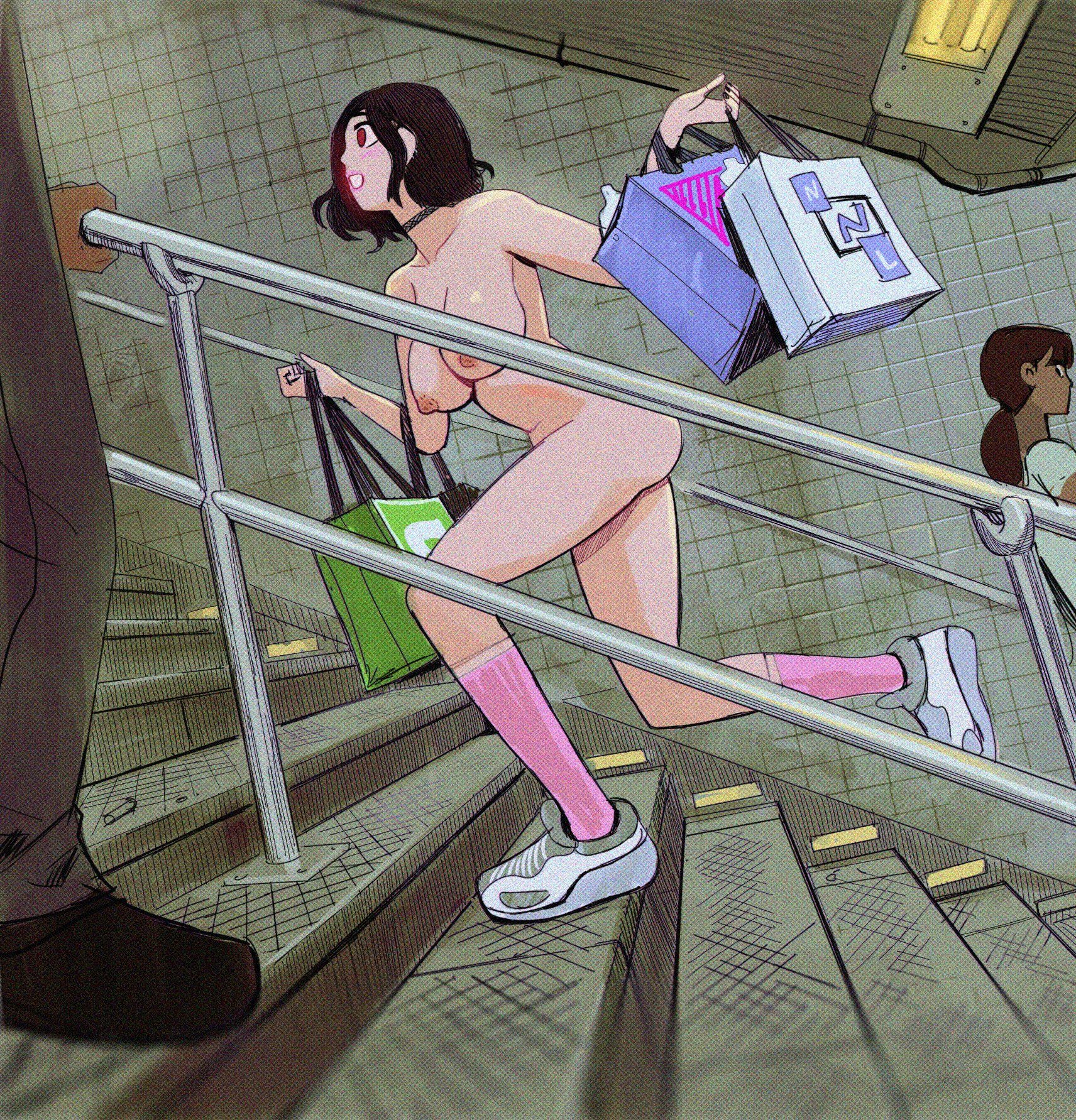 areolae, art therapist, arttheratpist, breasts, choker, female, female focus, footwear, light skin, light-skinned female, naked footwear, nipples, nude, nude female, offscreen character, onlookers, pervertfuel, public, public nudity, running, shopping, shopping bag