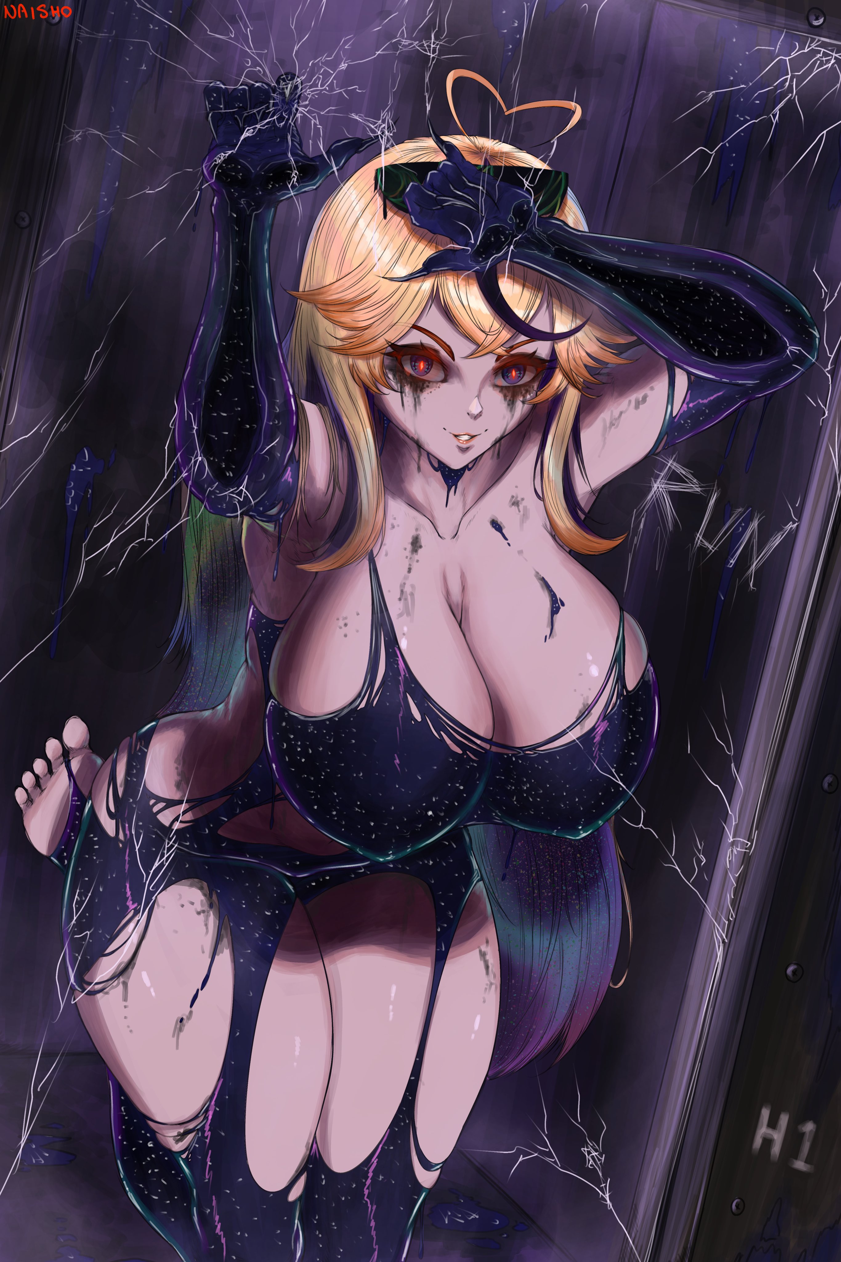 absurdres, ahoge, arielle (vtuber), armpits, big breasts, black gloves, blonde hair, boobs, breasts, broken glass, cleavage, collarbone, colored inner hair, corruption, cowlick, elbow gloves, evil smile, fat tits, feet, female, glass, gloves, heart, heart ahoge, highres, huge breasts, indie virtual youtuber, large breasts, leaning forward, liquid clothes, long hair, makeup, massive breasts, multicolored hair, naishohush, parted lips, purple eyes, purple hair, red pupils, runny makeup, solo, thick thighs, thighs, tits, toes, torn clothes, virtual youtuber, vtuber