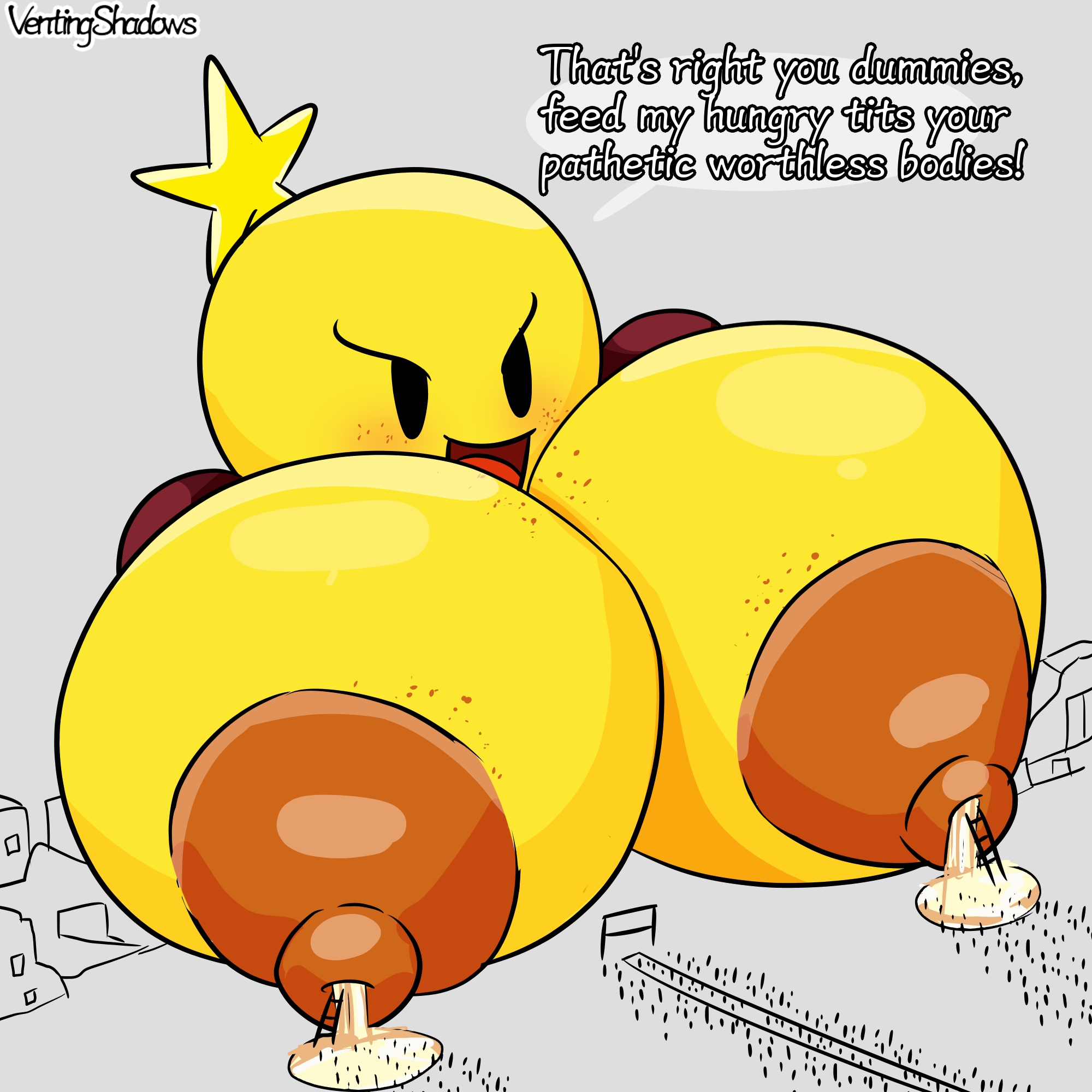 2d, 2d (artwork), ball with boobs, ball with hyper features, breast vore, breasts, english text, giantess, giantess vore, hyper, hyper breasts, lactating, lactation, ladder, leaking, leaking milk, mario (series), mario and luigi (series), nintendo, nipple vore, starlow, text, ventingshadows, vore, waddling head