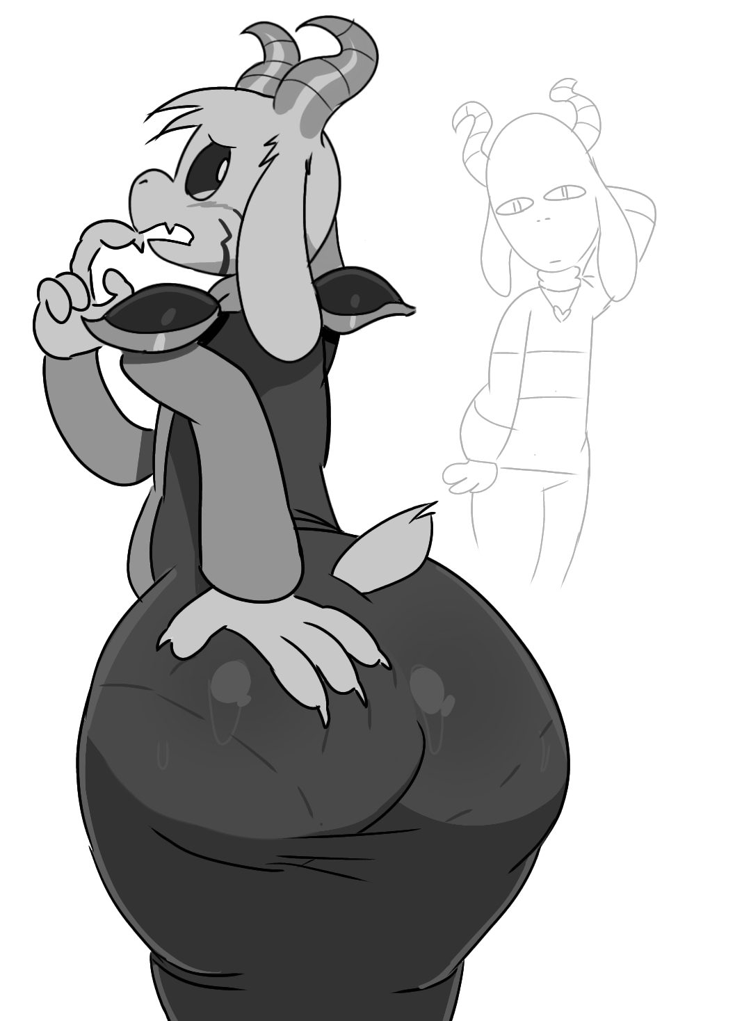 anthro, asriel dreemurr, asriel dreemurr (god form), ass, ass focus, big ass, black sclera, blush, experiment82042, femboy, furry, goat, horns, huge ass, monochrome, sharp fingernails, thick, thick ass, undertale