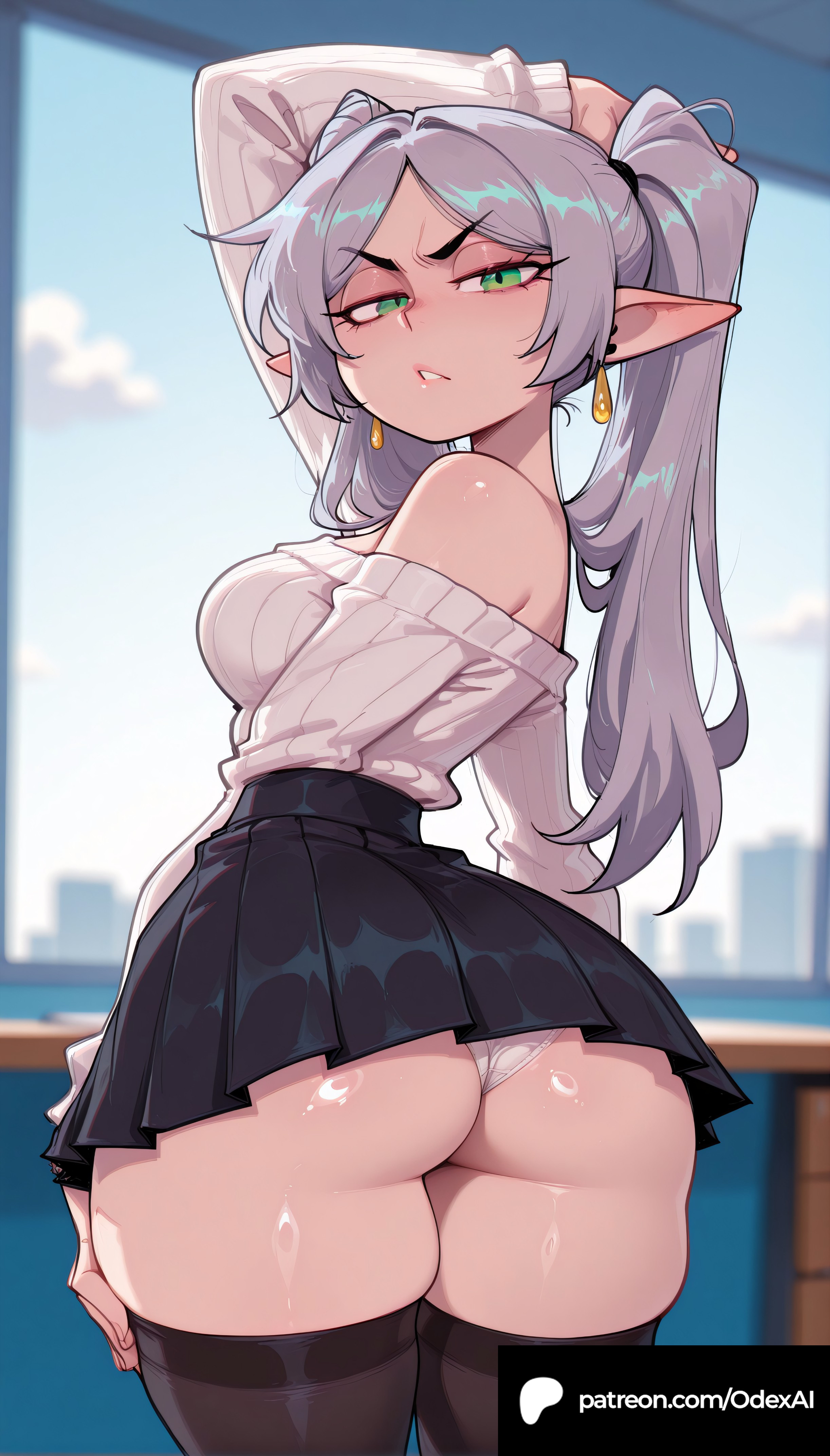 1girls, absurd res, absurdres, ai generated, artist name, ass, big ass, big breasts, blurred background, blurry background, breasts, cartoon, cartoony, depth of field, female, female focus, female only, frieren, frieren beyond journey's end, green eyes, hi res, high resolution, highres, large ass, large breasts, long hair, odexai, patreon, patreon link, patreon url, patreon username, small waist, solo focus, sousou no frieren, straight, thick thighs, thin waist, white hair, wide hips