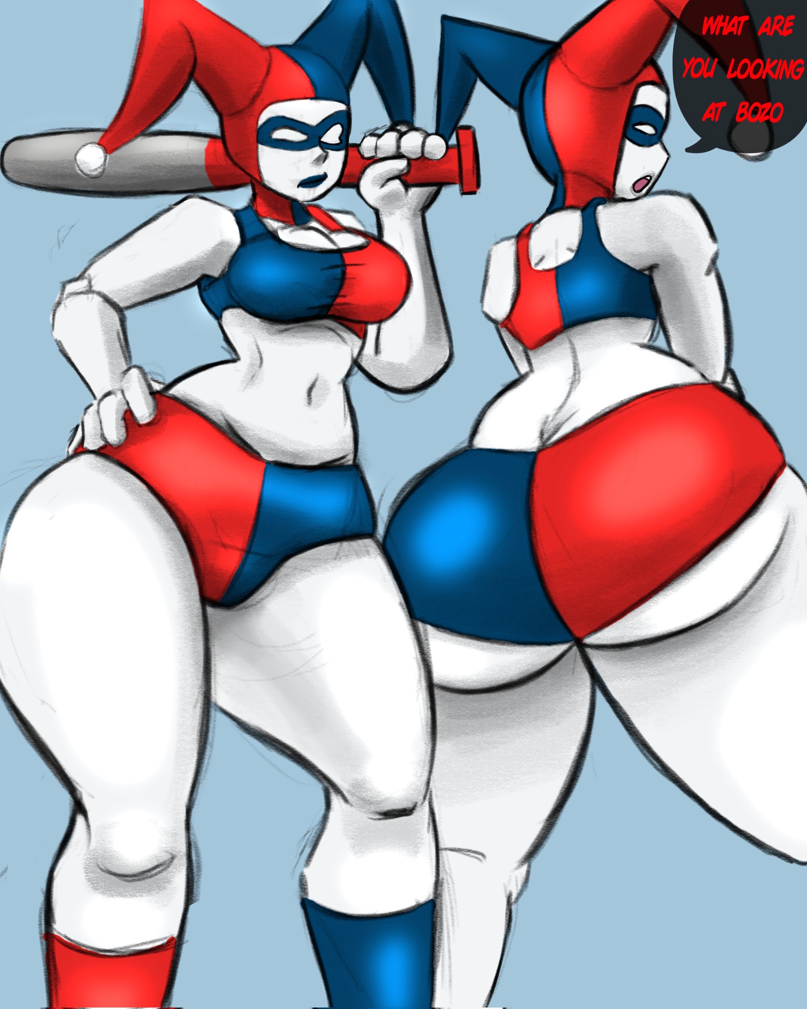 1girls, ass, ass focus, baseball bat, batman (series), big ass, big breasts, big butt, bra and panties, briefs, busty, butt focus, cleavage, clown, clown girl, dc, dc comics, dialogue, english dialogue, english text, female, female focus, female only, harley quinn, harley quinn (classic), huge ass, huge butt, jester, jester hat, jester outfit, large ass, large butt, partially clothed, rear view, semi nude, solo, solo female, solo focus, sports bra, superbone, text