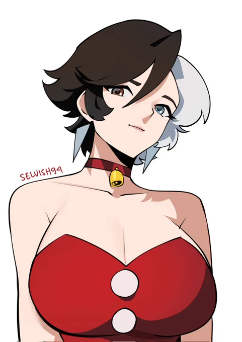 1girls, 2d, bell, breasts, buttons, christmas, christmas leotard, christmas outfit, cleavage, collar, fanart, female, female only, heterochromia, large breasts, leotard, looking at viewer, luna snow, luna snow (marvel rivals), marvel, marvel rivals, massive breasts, multicolored hair, red collar, selvish94, solo female, tilted head, upper body, upper body only