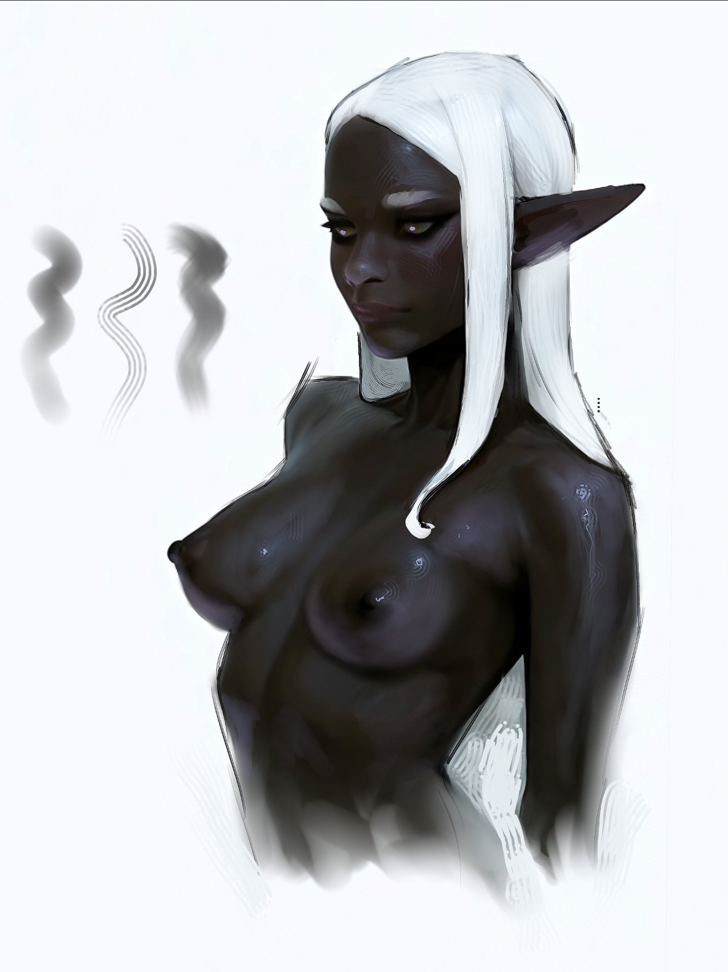 1girls, anato finnstark, areola, areolae, artistic nude, bare arms, bare breasts, bare midriff, bare shoulders, breasts, breasts out, clavicle, dark skin, dark-skinned female, drow, drow (dnd), dungeons and dragons, elf, elf ears, elf female, exposed breasts, exposed nipples, female, female focus, female only, medium breasts, nipples, nonsexual, nonsexual nudity, perky breasts, perky nipples, pointy ears, solo, solo female, solo focus, tasteful, tasteful nudity, topless, topless female, white hair