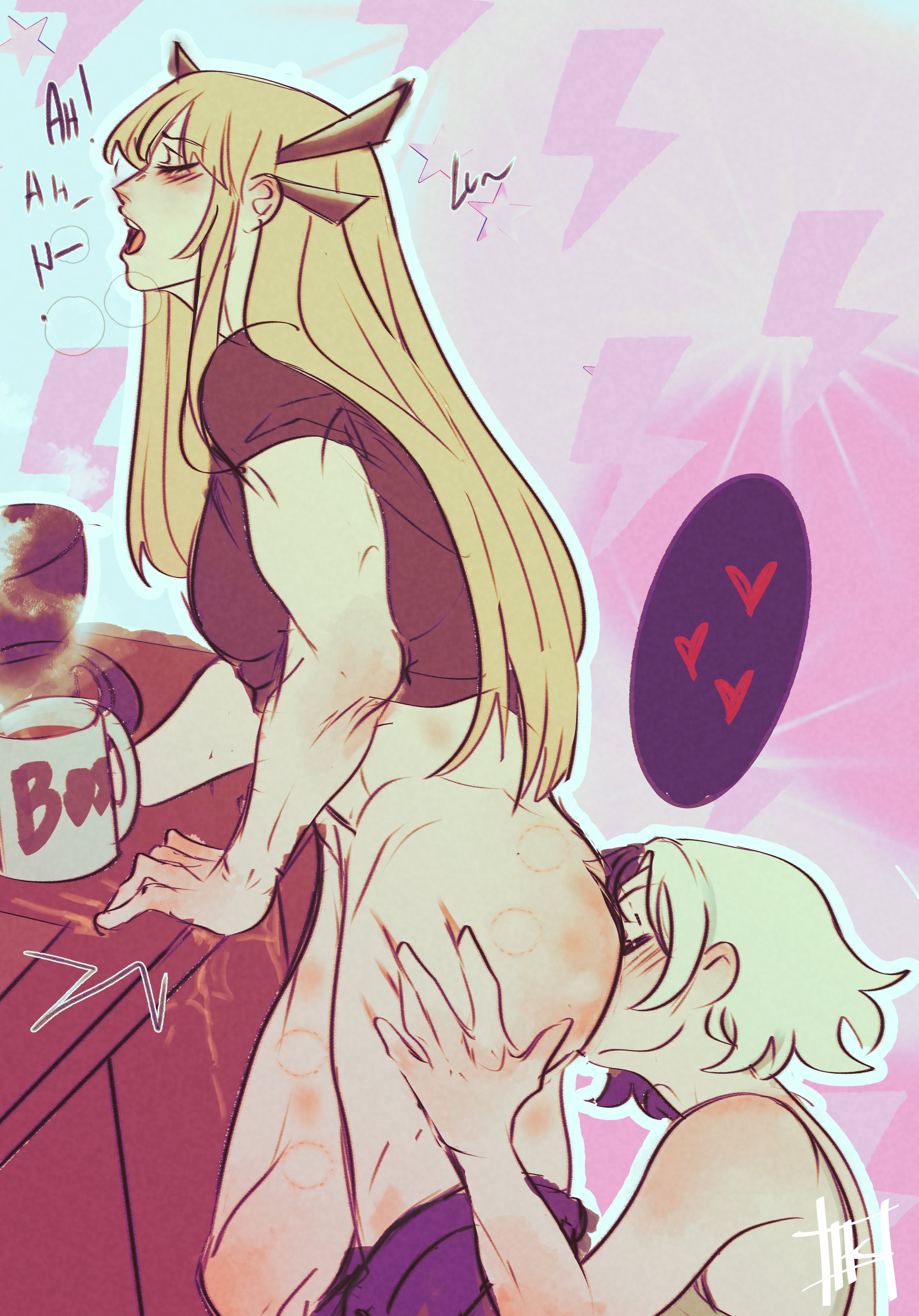 2d, 2girls, ambiguous oral, bite mark, bite mark on ass, bite mark on thigh, bite marks, black hair, blonde hair, blush, blushing, female, female only, female/female, from behind, homuspicy, interracial yuri, korean female, lesbian, luna snow, luna snow (marvel rivals), magik (illyana rasputin), magik (marvel rivals), marvel, marvel rivals, moaning, moaning name, multicolored hair, oral, pants down, partially clothed, pleasure face, russian female, seol hee, snowsword, spoken heart, white hair, yuri