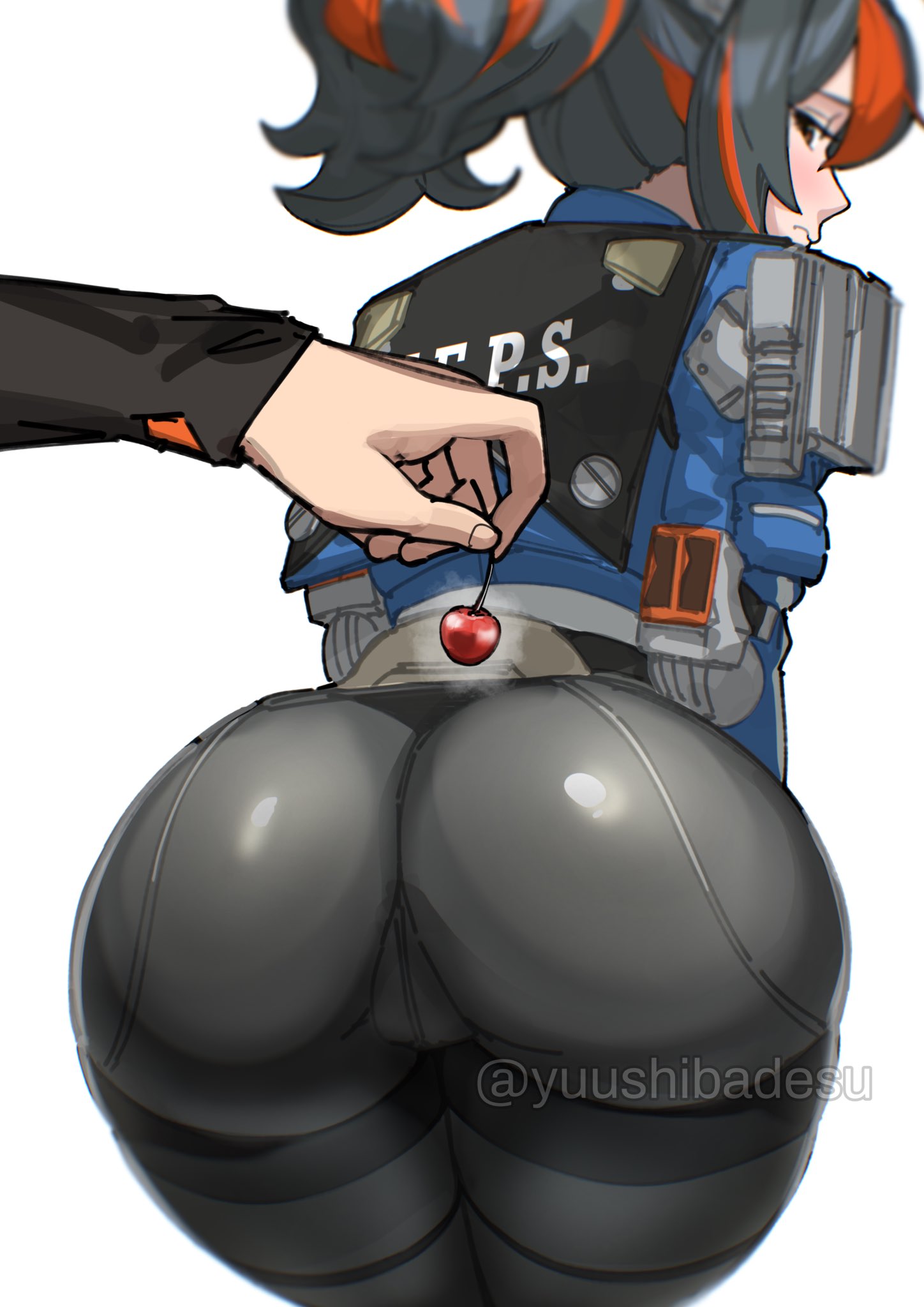 1boy, 1girls, ass, ass focus, big ass, big butt, cherry, female, female focus, large ass, light skin, light-skinned female, looking at viewer, looking back, male, skin tight, thick thighs, thighs, tight pants, wide hips, wise (zenless zone zero), yuushiba, zenless zone zero, zhu yuan