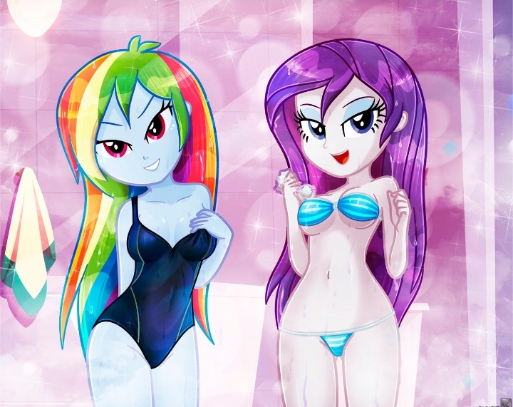 2020s, 2025, 2d, 2girls, best friends, bikini, blue bikini, cartoon, charliexe, curvy, cyan body, cyan skin, cyan-skinned female, deviantart link, duo, equestria girls, eyeshadow, female, female only, friends, hasbro, holding object, human, human only, humanized pony, leotard, long hair, looking at viewer, multicolored hair, my little pony, no ai, one-piece swimsuit, purple hair, rainbow dash (eg), rainbow dash (mlp), rainbow hair, raridash, rarity (eg), rarity (mlp), seductive look, seductive smile, shower, strapless bra, swimsuit, two-piece swimsuit, wet body, wet hair, white body, white skin, white-skinned female