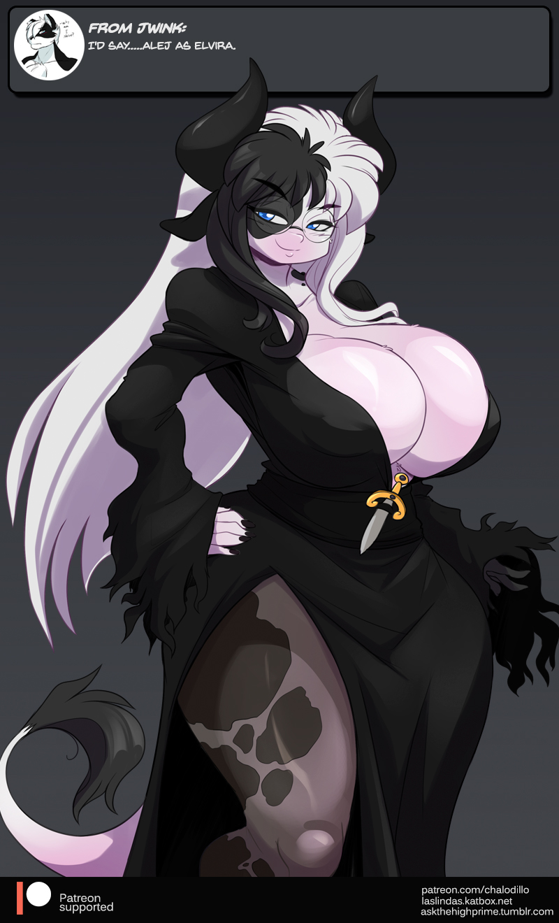 1girls, 2018, alejandra coldthorn, alternative fashion, anthro, ask blog, big breasts, biped, black body, black eyebrows, black fur, black hair, black nails, black spots, blue eyes, bovid, bovine, breasts, cattle, chalo, cleavage, clothed, clothing, colored nails, cosplay, curvy figure, dairy cattle, dialogue box, dress, elvira, elvira (cosplay), elvira: mistress of the dark, eyebrows, eyelashes, eyewear, female, female only, fully clothed, fur, glasses, goth, hair, halloween, hand on hip, hi res, holidays, holstein friesian cattle, horn, huge breasts, huge hips, las lindas, legwear, long hair, looking at viewer, mammal, markings, melee weapon, mottled, mottled body, multicolored body, multicolored fur, multicolored hair, nails, nipple outline, pantyhose, patreon logo, piebald, piebald body, seductive, simple background, skimpy, smile, smiling, smiling at viewer, solo, spots, spotted body, spotted fur, standing, sword, tail, tail tuft, text, thick thighs, trad goth, tuft, two tone body, two tone fur, two tone hair, url, user avatar, voluptuous, weapon, website logo, white body, white fur, white hair, white tail, wide hips