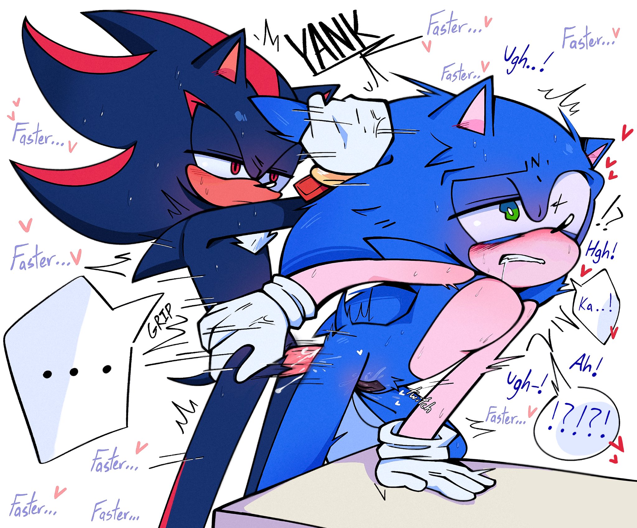 anal, andromorph, anthro, backshots, cuntboy, cuntboy/male, footwear, gay, gay domination, gay sex, handwear, handwear and footwear only, heart, kumacumon, male, nonchalant, over table, pupils, reaching back, shadow the hedgehog, slamming, slamming ass, sonadow, sonic (series), sonic the hedgehog, sonic the hedgehog (series), tape, taped pussy, text bubble, yaoi