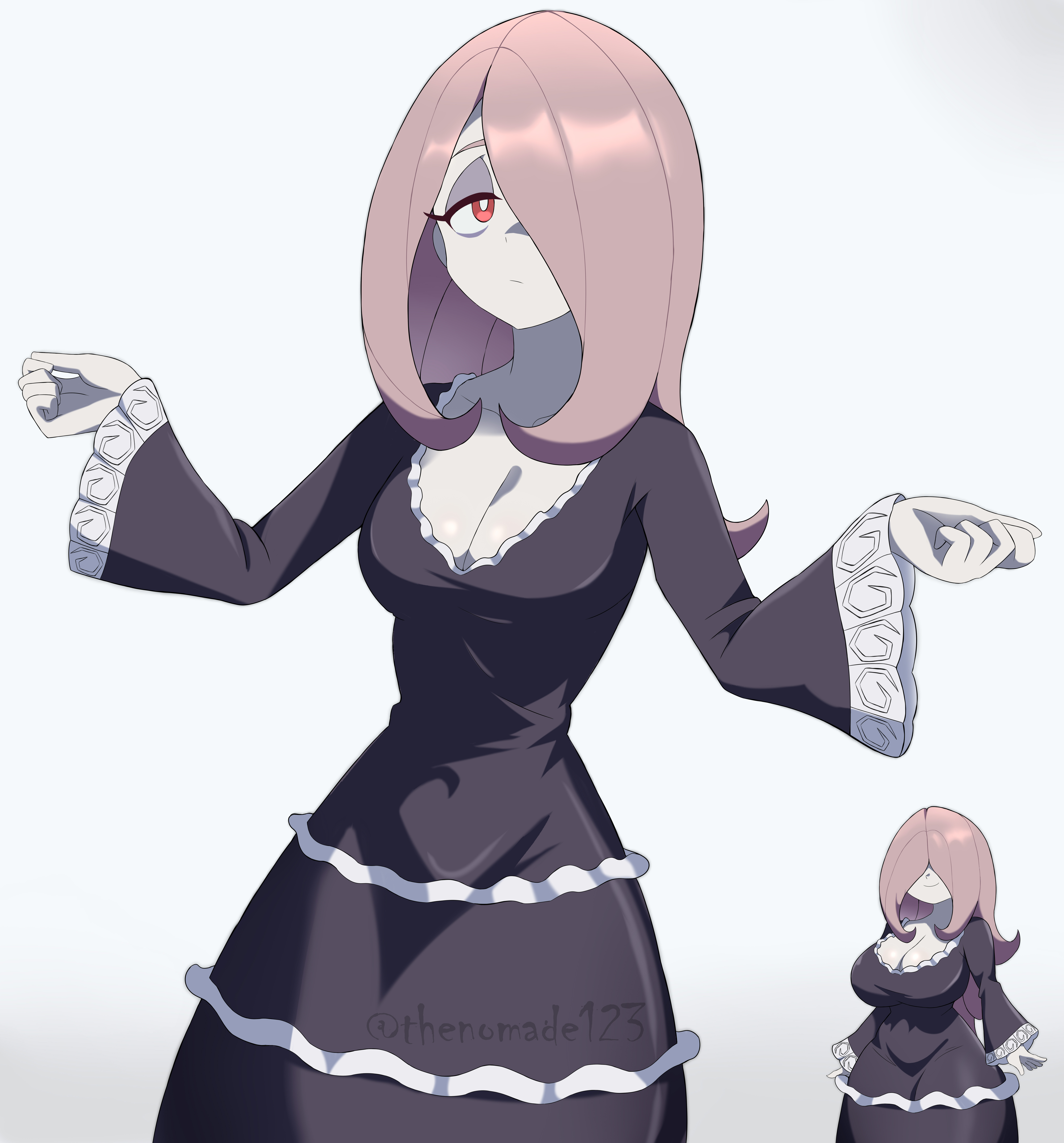 1girls, 2girls, absurdres, alternate breast size (larger), black dress, breasts, bright pupils, cleavage, collarbone, commentary, dress, english commentary, female, female only, frilled dress, frills, grey background, hair over eyes, hair over one eye, highres, large breasts, little witch academia, long hair, long sleeves, looking at viewer, mother and daughter, mrs. manbavaran, multiple girls, pink hair, red eyes, sucy manbavaran, sucy's mother, thenomade123, twintails, twitter username, white pupils, wide sleeves