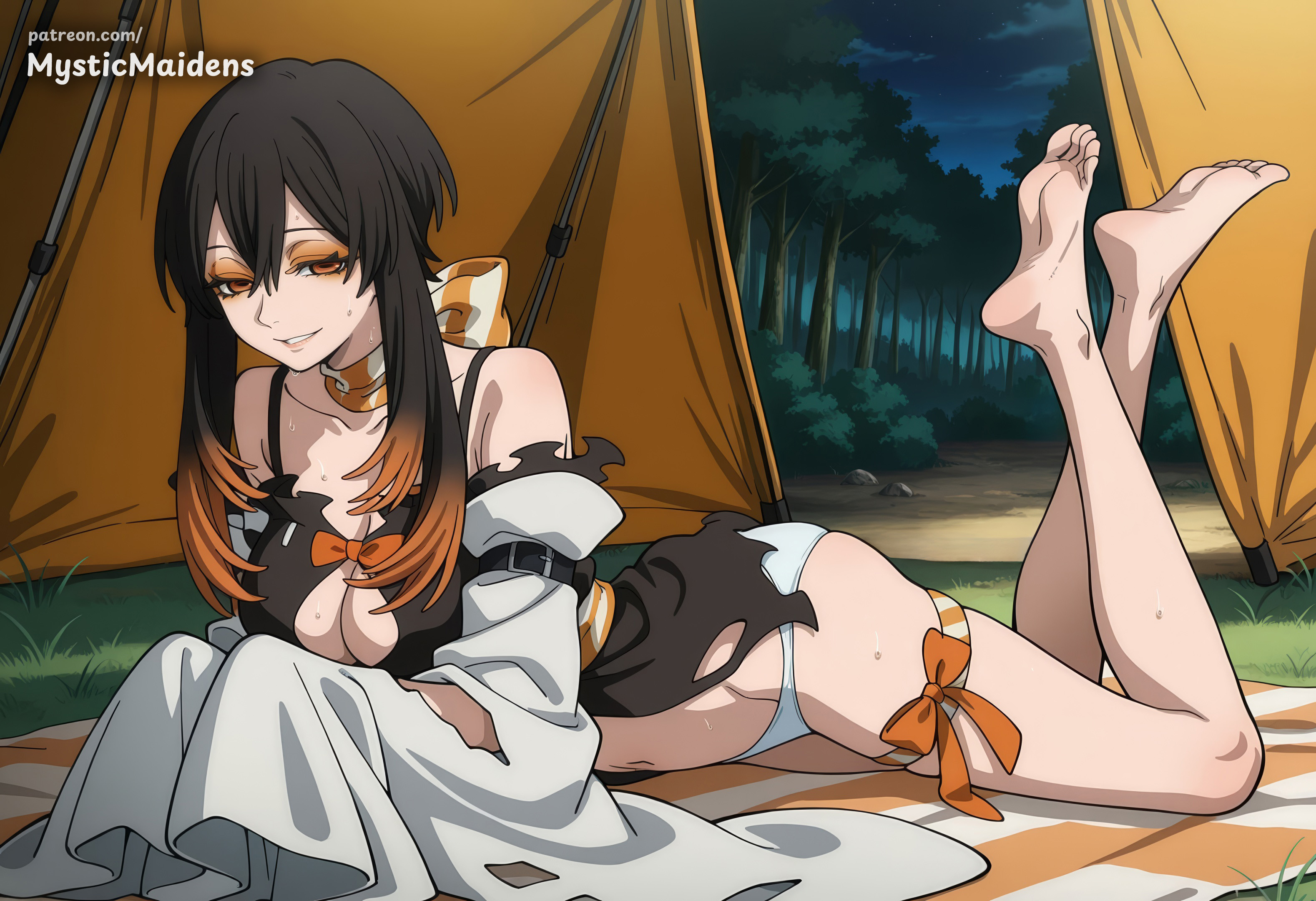 ai generated, amo empool, anime, anime style, artist name, bare shoulders, barefoot, black hair, breasts, cleavage, detached sleeves, dress, fanbox username, feet, female, forest, full body, gachiakuta, gradient hair, hair between eyes, hentai, hi res, large breasts, legs, long hair, long sleeves, looking at viewer, lying, multicolored hair, mystic maidens, nature, navel, night, on stomach, orange bow, orange eyes, orange hair, orange ribbon, outdoors, panties, patreon, ribbon, sidelocks, sleeves past wrists, smile, soles, solo, sweat, tent, the pose, thigh strap, toes, torn clothes, underwear, white panties, wide sleeves